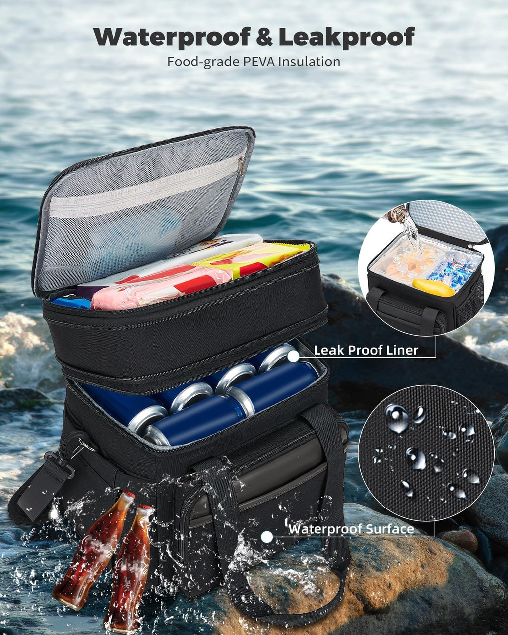 Insulated Lunch Bag for Men Women: Expandable Lunch Bag Box for Work Picnic Travel Outdoor - Large Reusable Leakproof Cooler Bag for Adult - Black