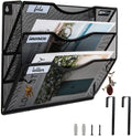 Wall File Organizer, 3 Tire Hanging File Folder Mail Organizer, Vertical Mesh Metal Door/Wall Mount Hanging File Holder, Paper Document Magazine Rack with Hooks for Home Office Black
