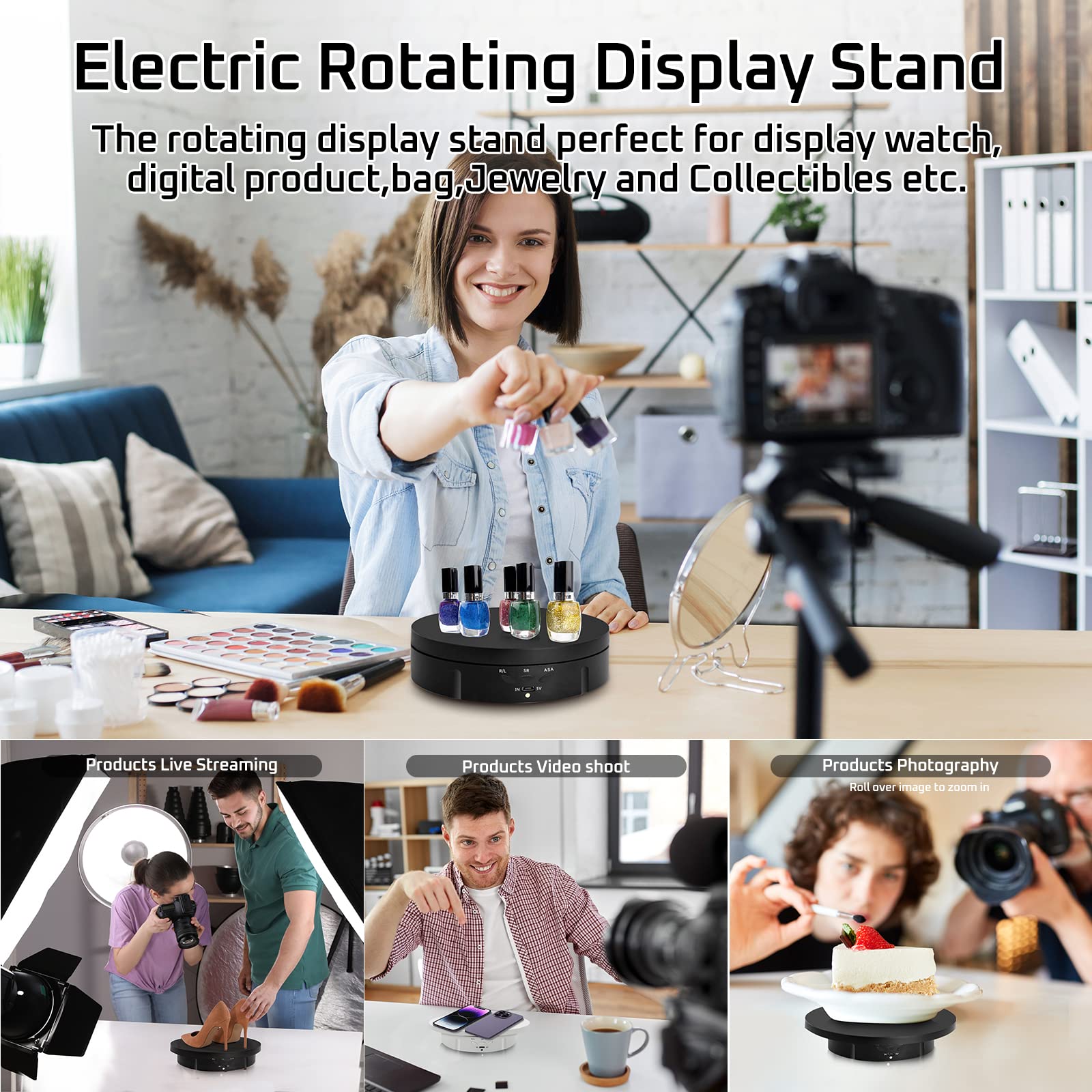 JAYEGT 3 in1 Motorized Rotating Display Stand with 5.74 /7.08/ 8.66 inch Replacement Cover，Max 22lbs Load，360 Electronic Turntable for Photography Products (3 in1 / Black/ With Remote controller)