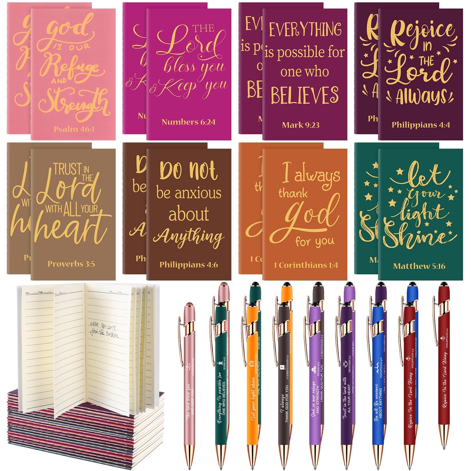 32 Pcs Bible Pens Notepads Gift Set Includes 16 Bible Verse Notebooks 16 Christian Pens Inspirational Notebooks Religious Journals for Church School Supplies