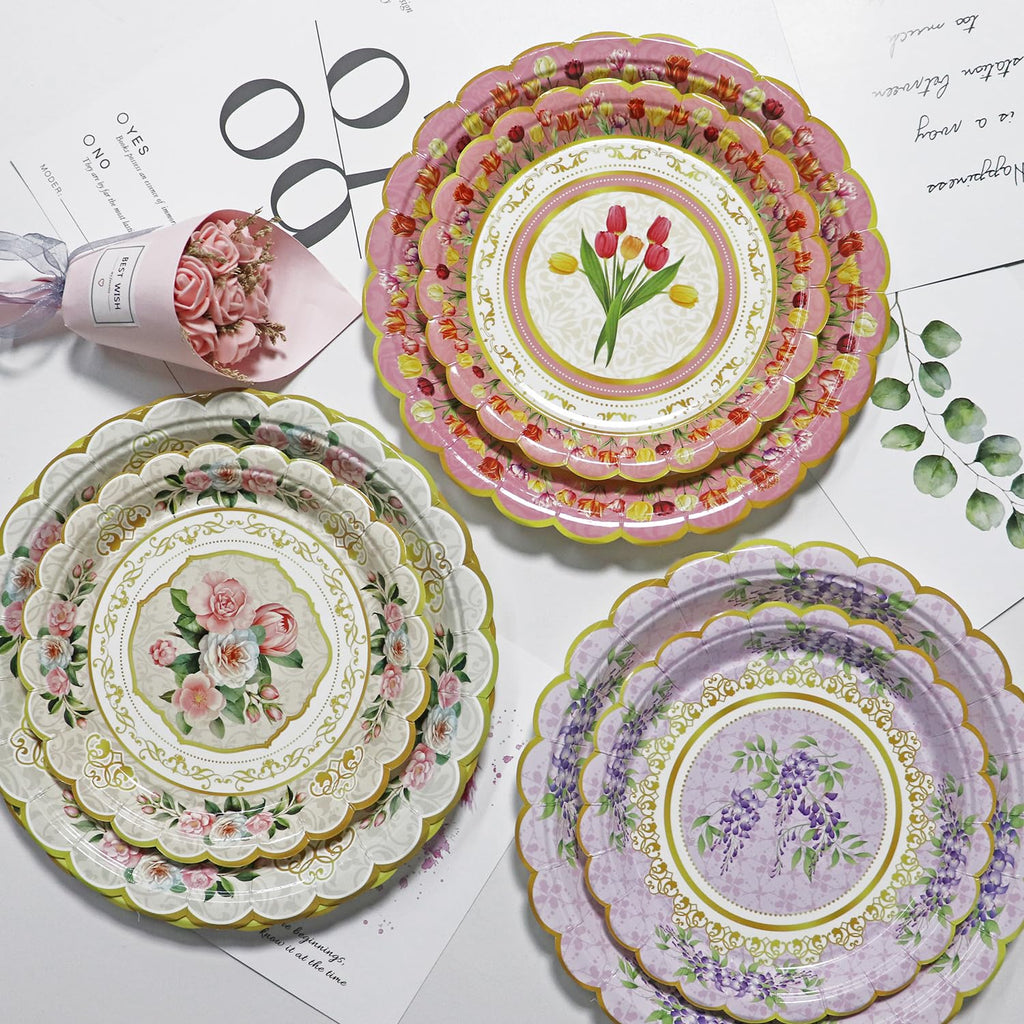 Oevbexos 60-Pack Floral Paper Plates, Tea Party Decorations, 9 Inch Disposable Floral Plates for Tea Party, Baby Shower, Bridal Shower, Birthday, Wedding and Any Celebration