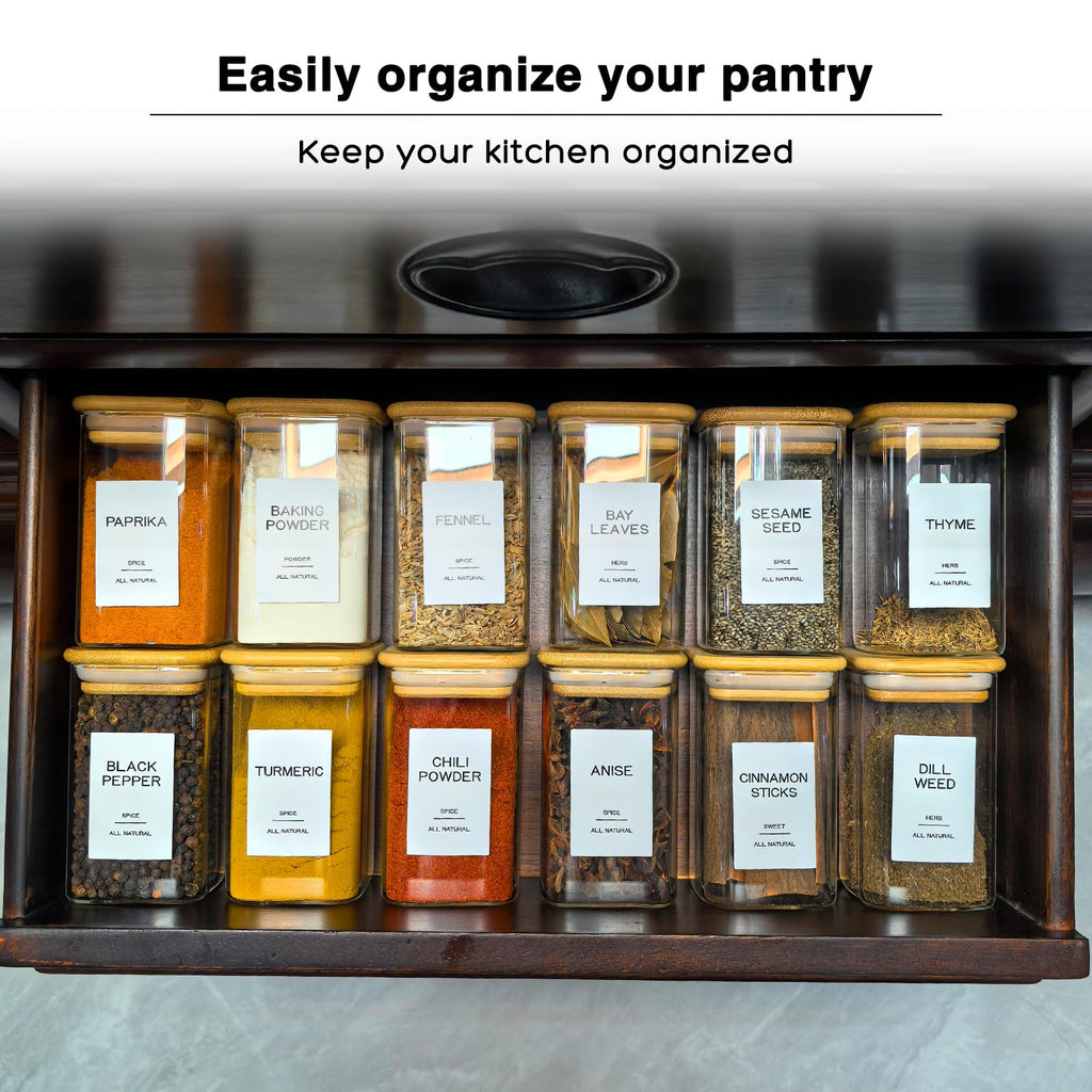 Kuocodall 12 Pcs Glass Spice Jars with Bamboo Airtight Lids & 201 Labels - 8oz Square Small Empty Food Storage Containers for Kitchen, Seasonings, Herbs, Salt