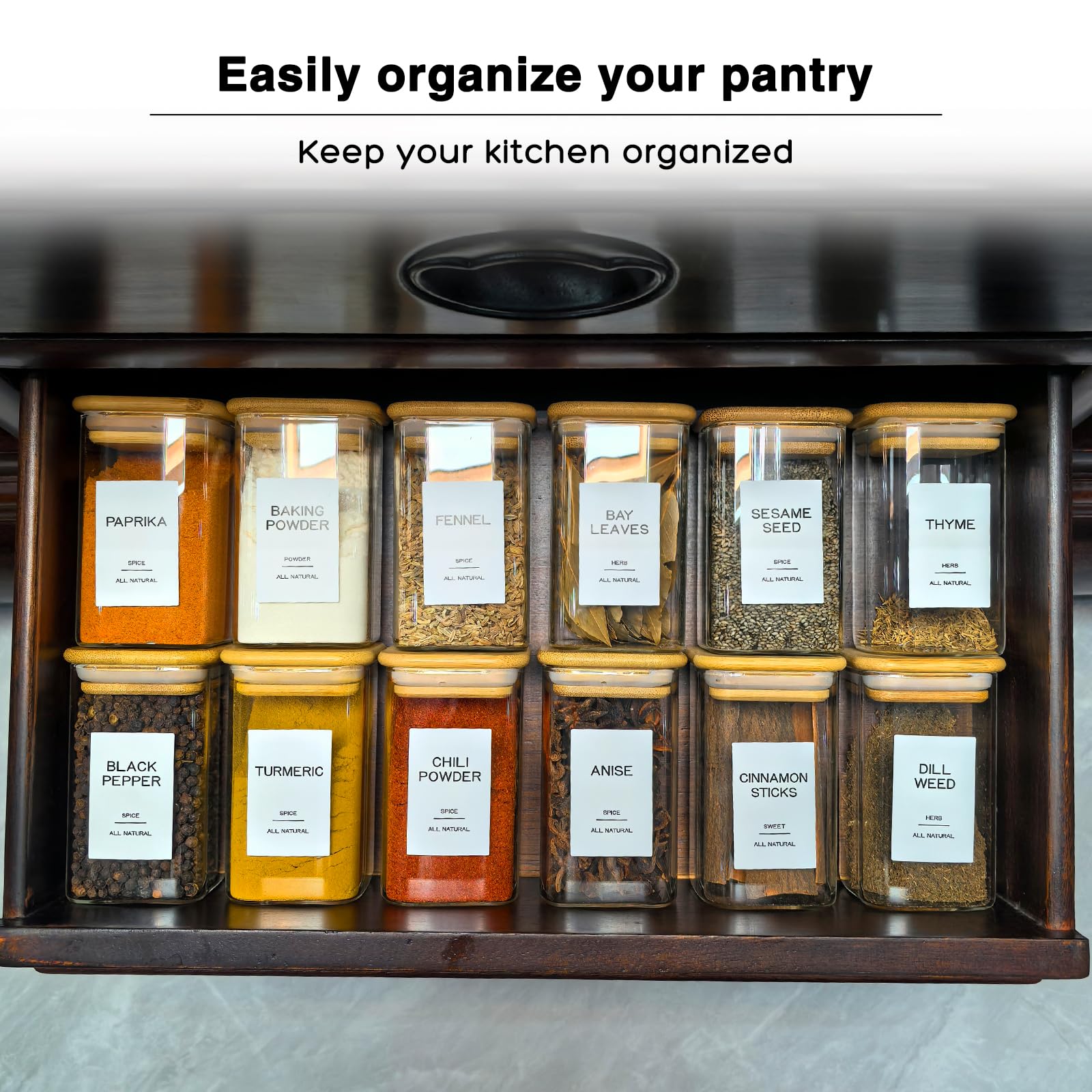 Kuocodall 12 Pcs Glass Spice Jars with Bamboo Airtight Lids & 201 Labels - 8oz Square Small Empty Food Storage Containers for Kitchen, Seasonings, Herbs, Salt