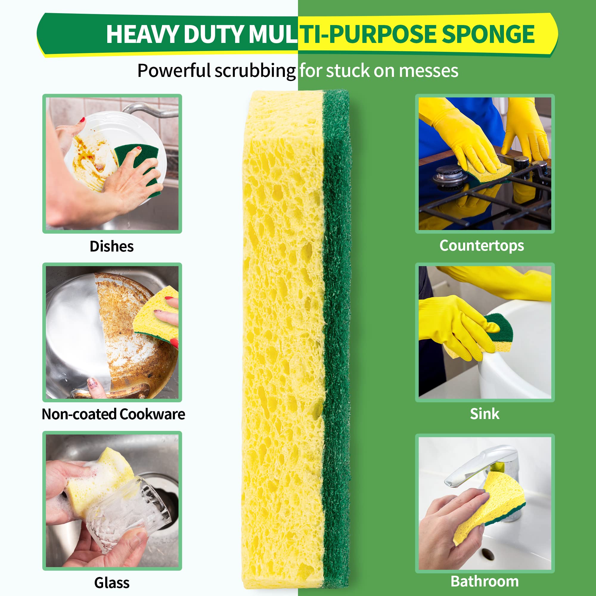 HOMERHYME Heavy Duty Cellulose Scrub Sponges 24 Pack, Kitchen Sponge with Double-Side & Ergonomic Design. Durable Sponge for Dishes, Uncoated Cookware, Sink, and Countertops.