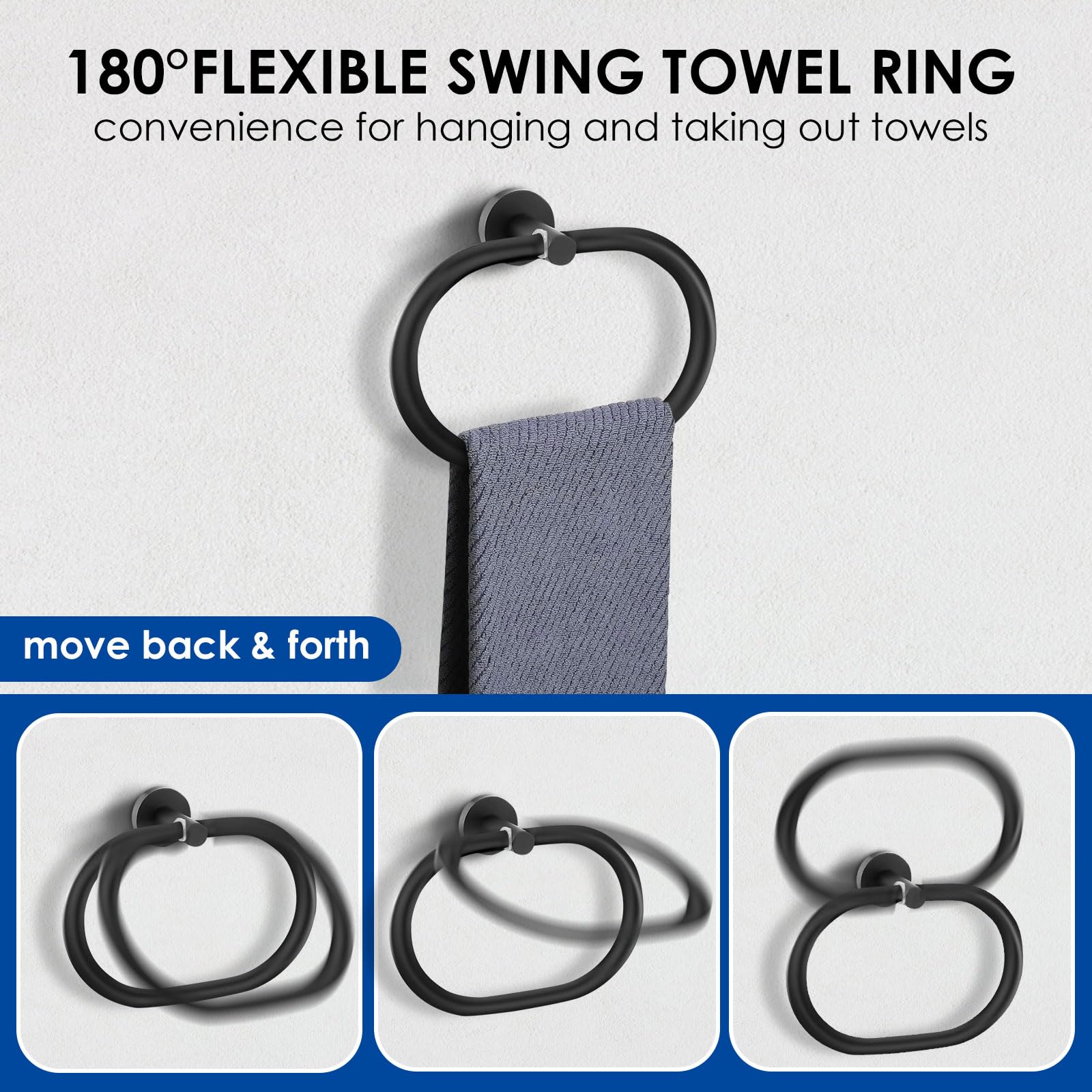 Bathroom Accessories Set,5PCS Black Bathroom Accessories Rustproof,Anti-Drop Design Toilet Paper Roll Holder,16-Inch Towel Bar,Unique Oval Hand Towel Holder,2 Towel Hooks for Bedroom,Kitchen,Entrance
