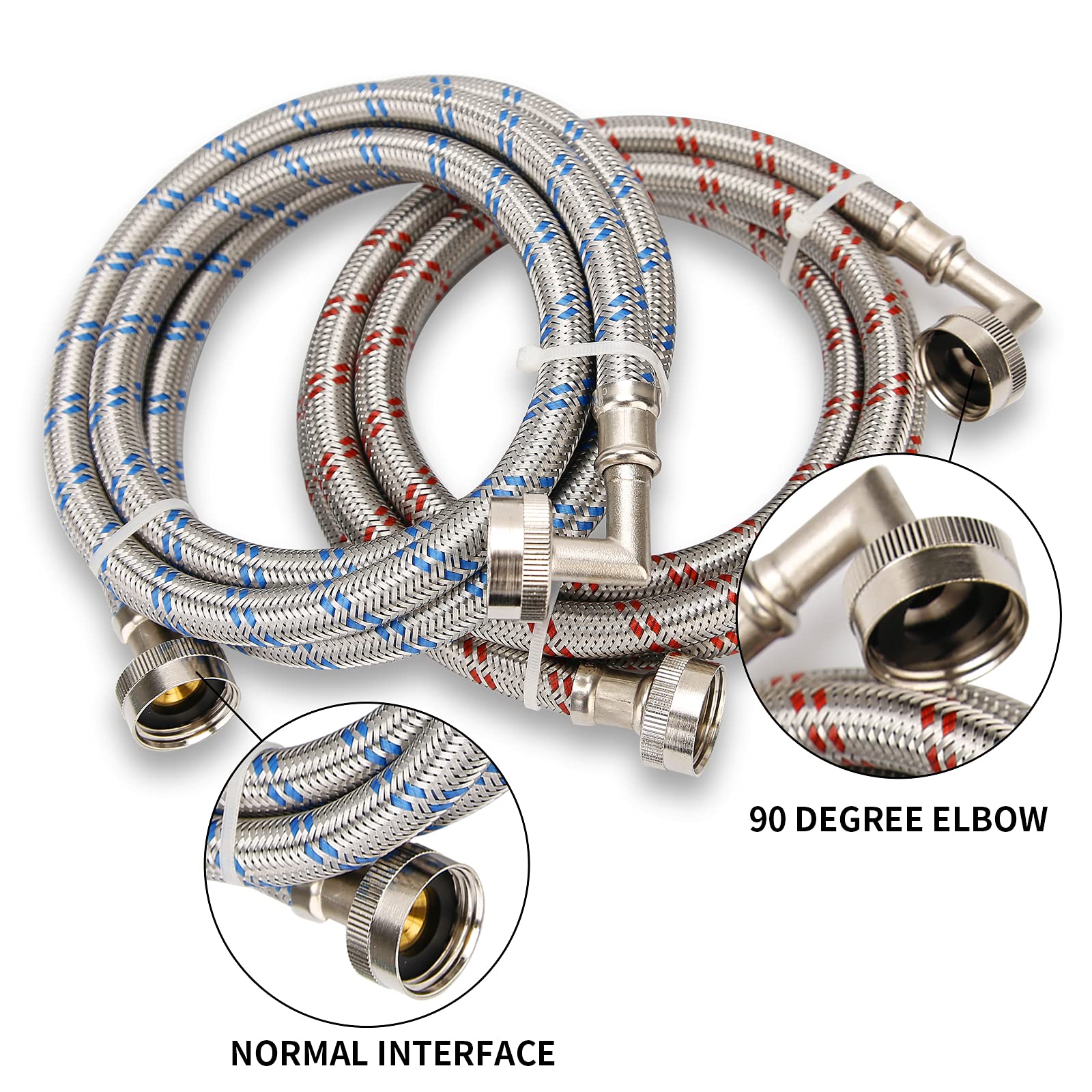 Watflow Stainless Steel Washing Machine Hoses with 90 Degree Elbow, Burst Proof Hot and Cold Water Connection Inlet Supply Lines for Washer, 4Ft