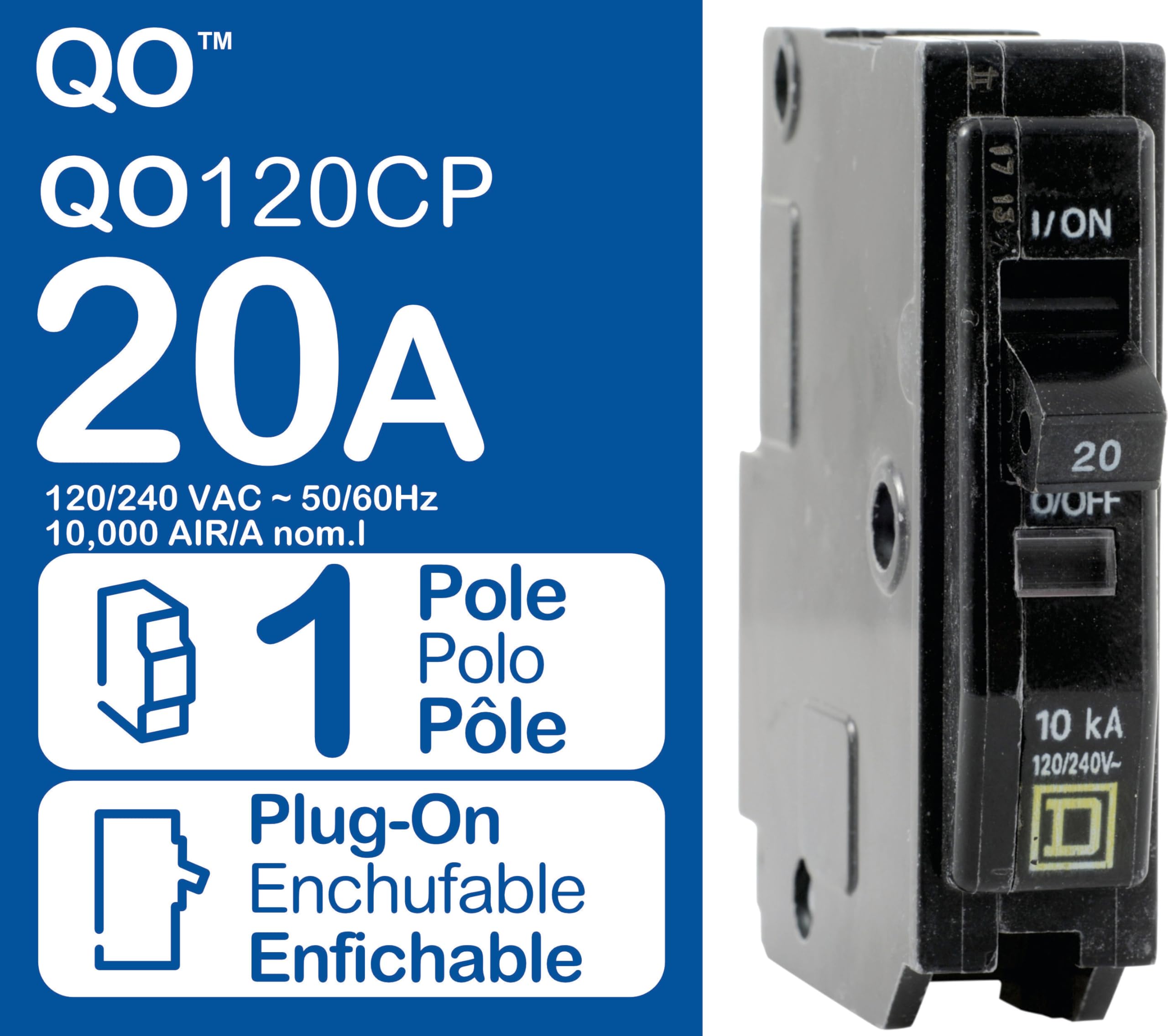 Schneider Electric - Square D, Miniature Circuit Breaker, Qo, 20A, 1 Pole, 120/240Vac, 10kA, Plug-in Mounting Connection, Hacr & Switching Duty Rated - CSA Certified