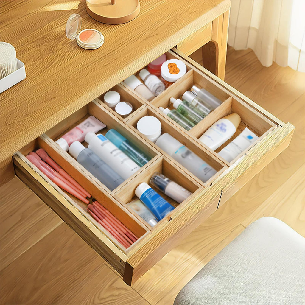 YOUEON Set of 6 Bamboo Drawer Organizers with Dividers Adjustable Multipurpose Storage Tray and Drawer Insert Box Bamboo Storage Boxes Divider Make-up Organiser for Home Office Kitchen Bedroom Desk