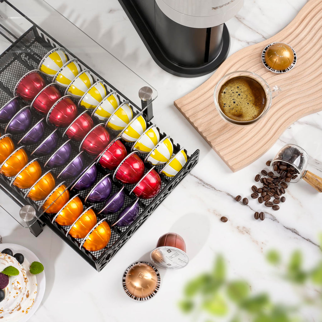 RECAPS Crystal Tempered Glass Organizer Drawer Holder Compatible with Nespresso Vertuo Capsules, K Cup Pod Drawer Coffee Maker Machine Stand.