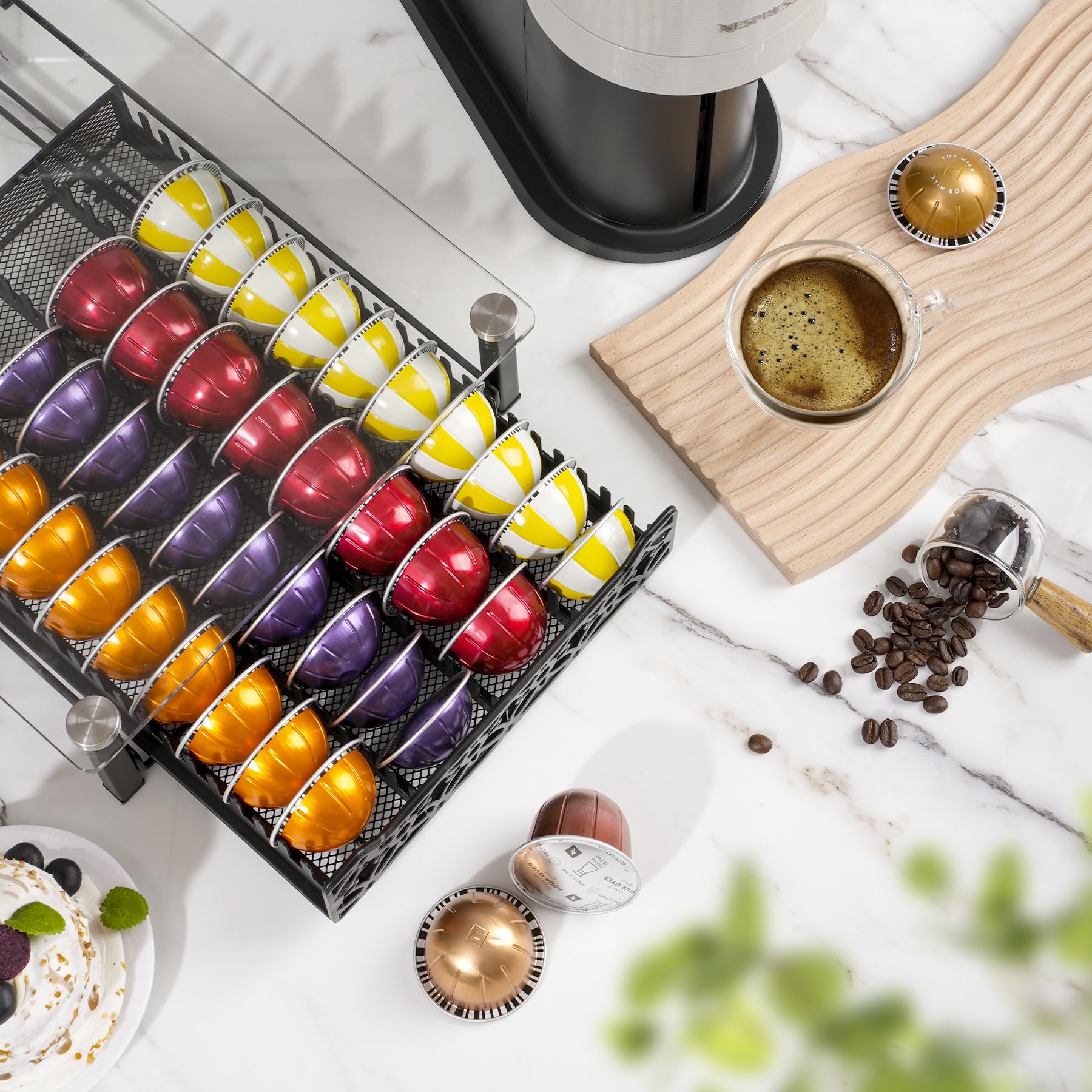 RECAPS Crystal Tempered Glass Organizer Drawer Holder Compatible with Nespresso Vertuo Capsules, K Cup Pod Drawer Coffee Maker Machine Stand.