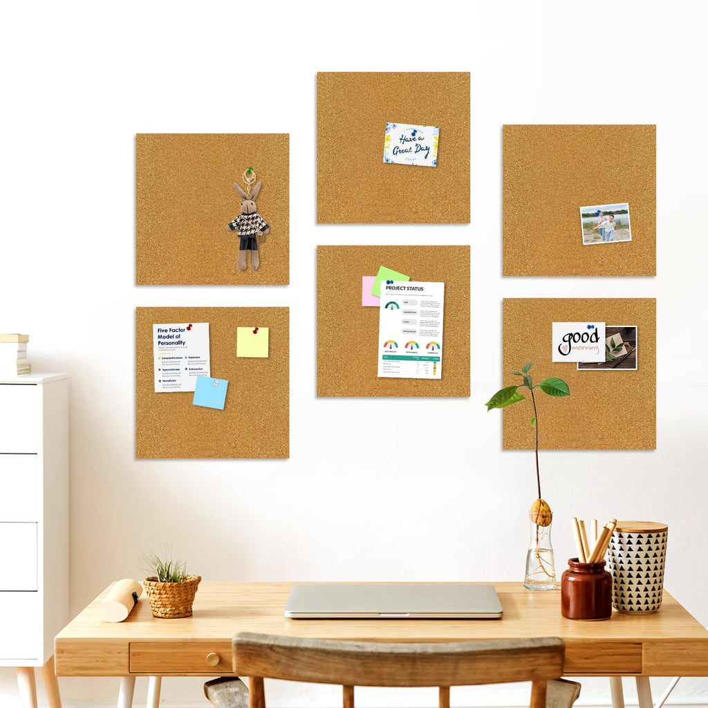 AMUSIGHT Cork Board Tiles, 6 Packs 12" x 12" 1/2" Thick Cork Bulletin Board Pin Board Self Adhesive Cork Boards for Walls with 60 Pushpins for Home Office Kitchen School