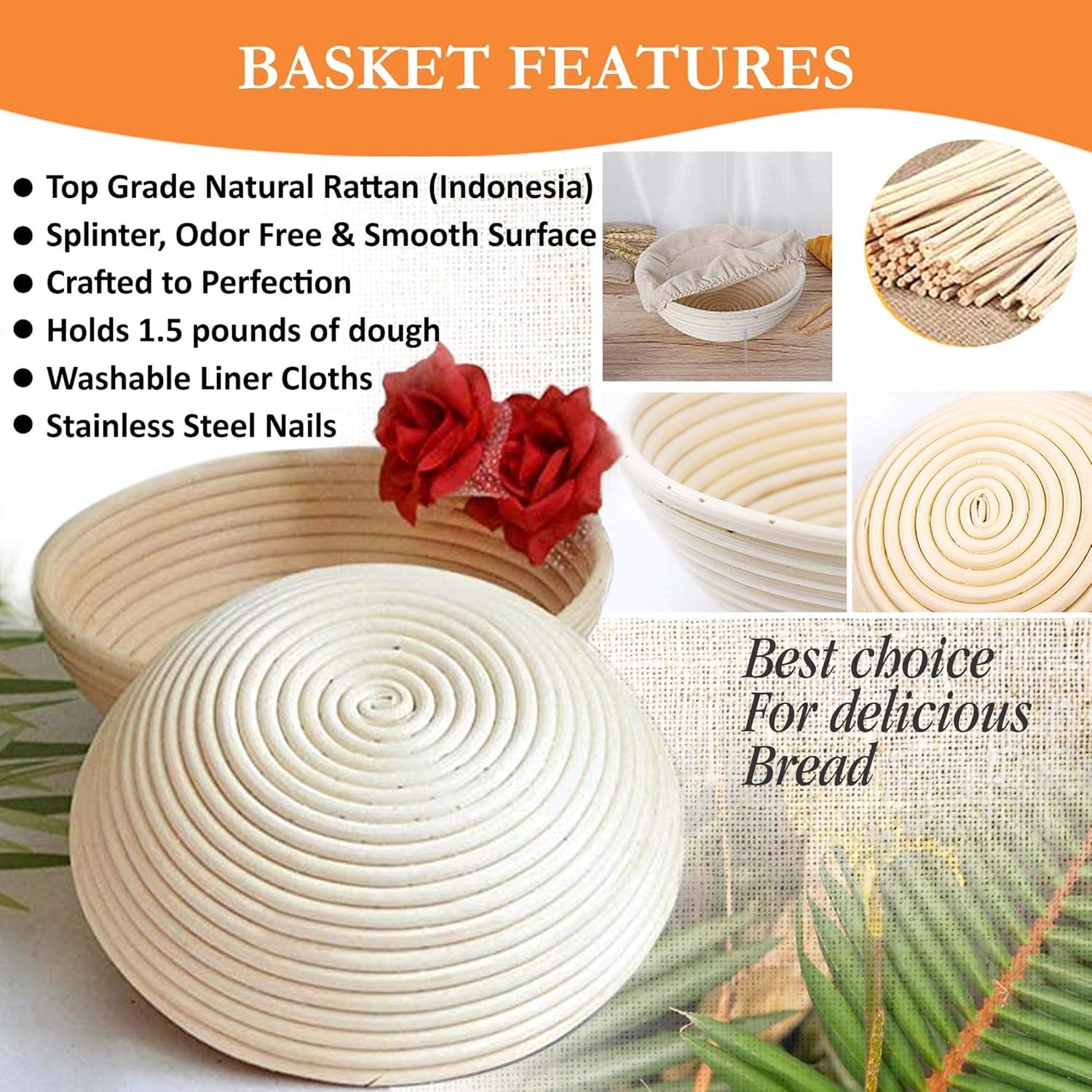 Sourdough Bread Baking Supplies - 2PCS of 9 Inch Round Sourdough Proofing Baskets KIt with Silicone Bread Sling, Dough Scrapers, Bread lame, Dough Whisk and a Cleaning Brush