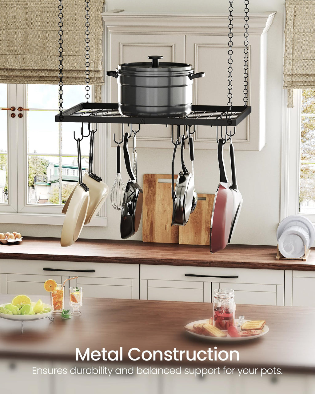 Hanging Pot Rack, Ceiling Mounted Pot Hanger for Kitchen, Metal Cookware Storage Organizer with 12 Hooks, for Storage of Cookware, Utensils in Kitchen, Black TPR03BB