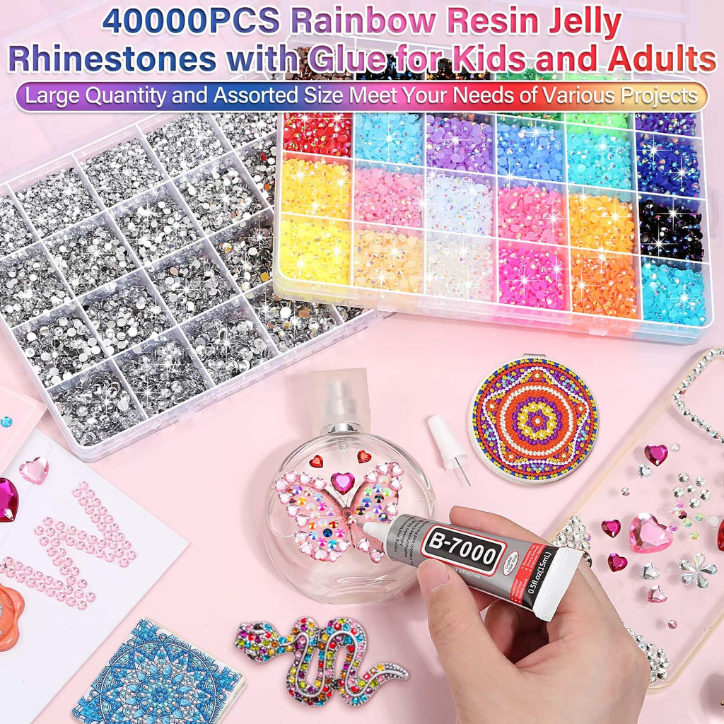 40000Pcs Resin Rhinestones with B7000 Jewelry Glue for Crafting, Rainbow Bedazzling Crystals Flat Back Gems with Craft Adhesive for DIY Graduation Cap Clothes Tumblers Shoes Nails and Face