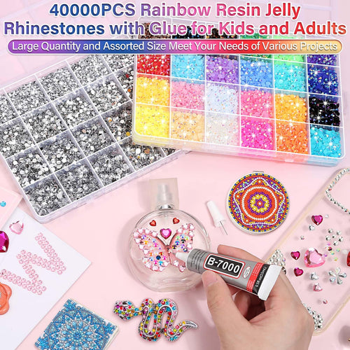 40000Pcs Resin Rhinestones with B7000 Jewelry Glue for Crafting, Rainbow Bedazzling Crystals Flat Back Gems with Craft Adhesive for DIY Graduation Cap Clothes Tumblers Shoes Nails and Face