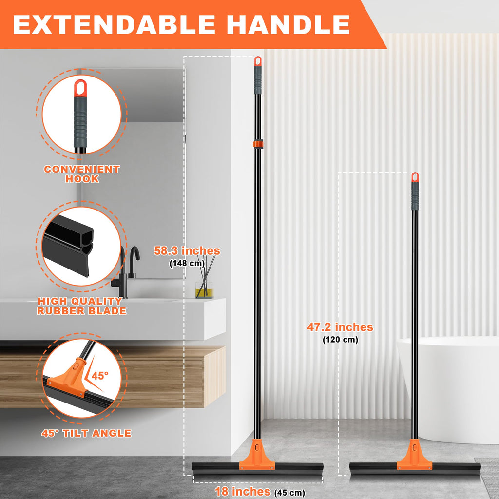 JEHONN Floor Squeegee Heavy Duty with 58.3 inches Long Handle, Rubber Scraper Broom for Cleaning Foam Water on Garage Concrete Bathroom Tile Marble Shower Glass Shop Deck Window Indoor Outdoor