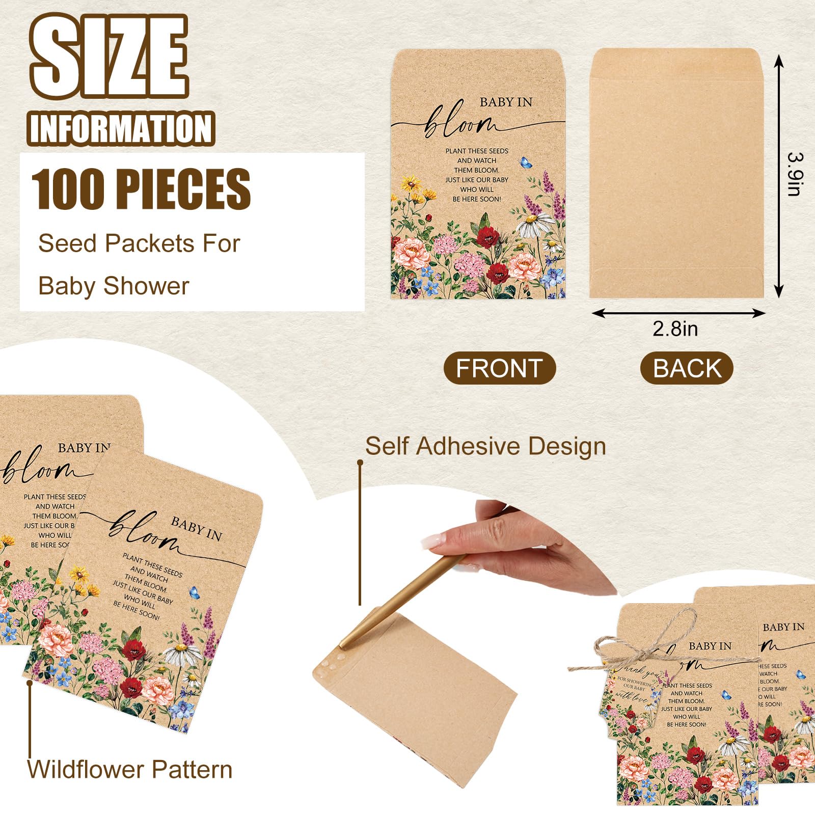 JarThenaAMCS 100Pcs Baby Shower Seed Packets Wildflower Self Adhesive Kraft Envelopes with Thank You Tags Baby in Bloom Seed Storage Pockets for Garden Party Favors Supplies