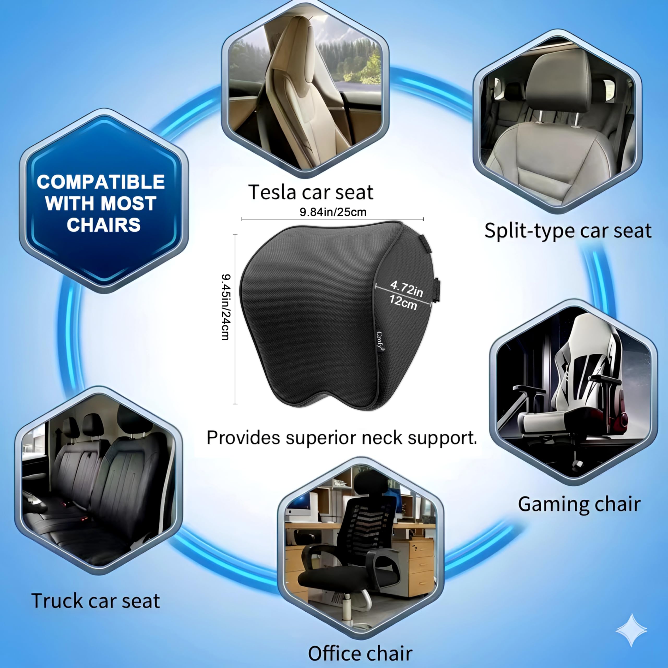 Crofy 2 Pack Car Neck Pillow, Softness Car Headrest Pillow for Driving with Adjustable Strap, 100% Memory Foam and Breathable Removable Cover, Comfortable Ergonomic Design