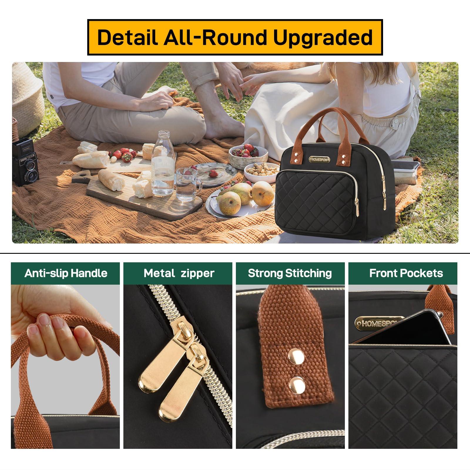 HOMESPON Lunch Bag for Woman Man Adults with Front Pocket Insulated Lunch Tote Lunch Box Container for Work Picnic or Travel(Golden Black)