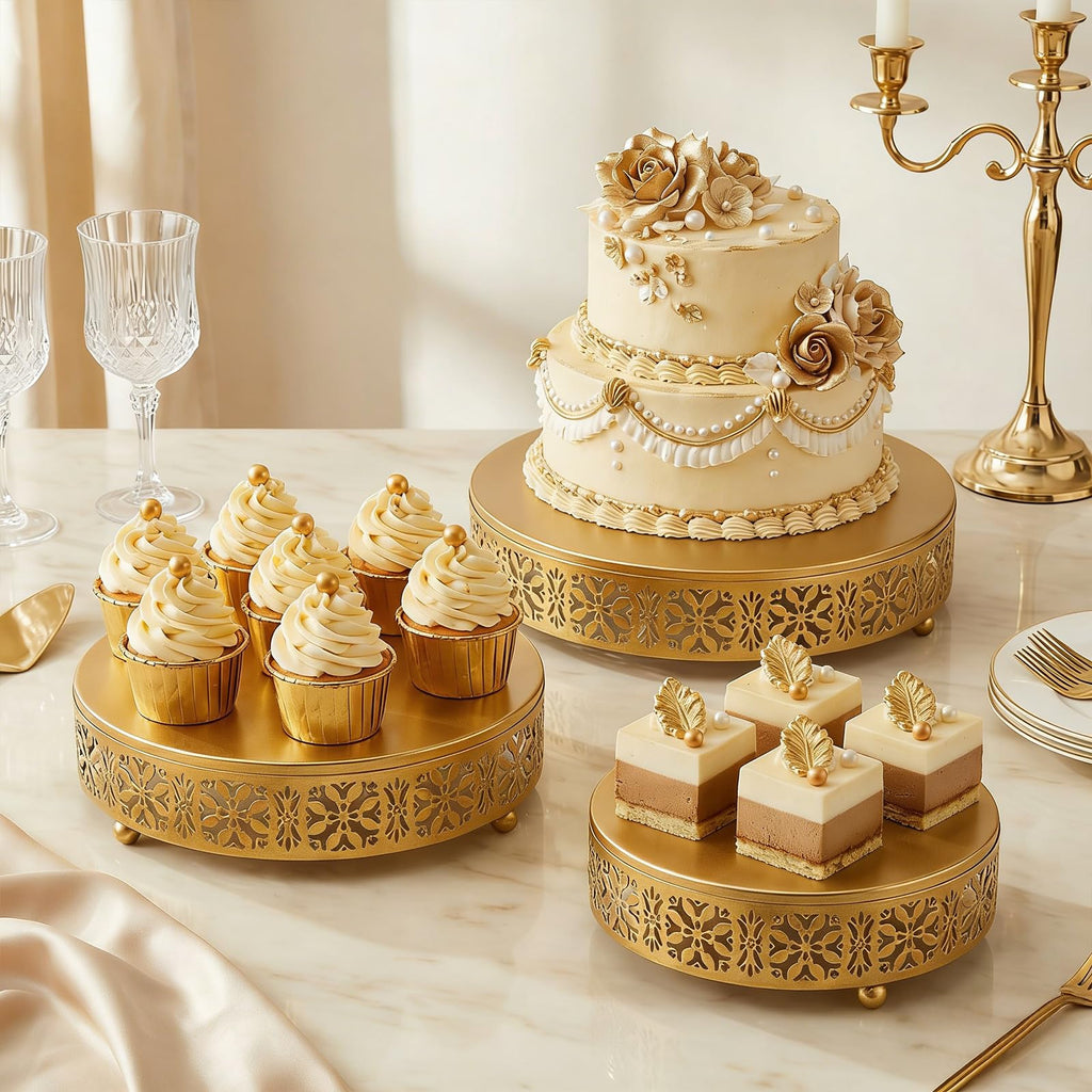 Coloch 3 Pack Golden Cake Stand Set, Round Metal Dessert Display Stand Decorative Cake Holder Cupcake Pastry Candy Display Plate for Wedding, Party, Birthday, Event