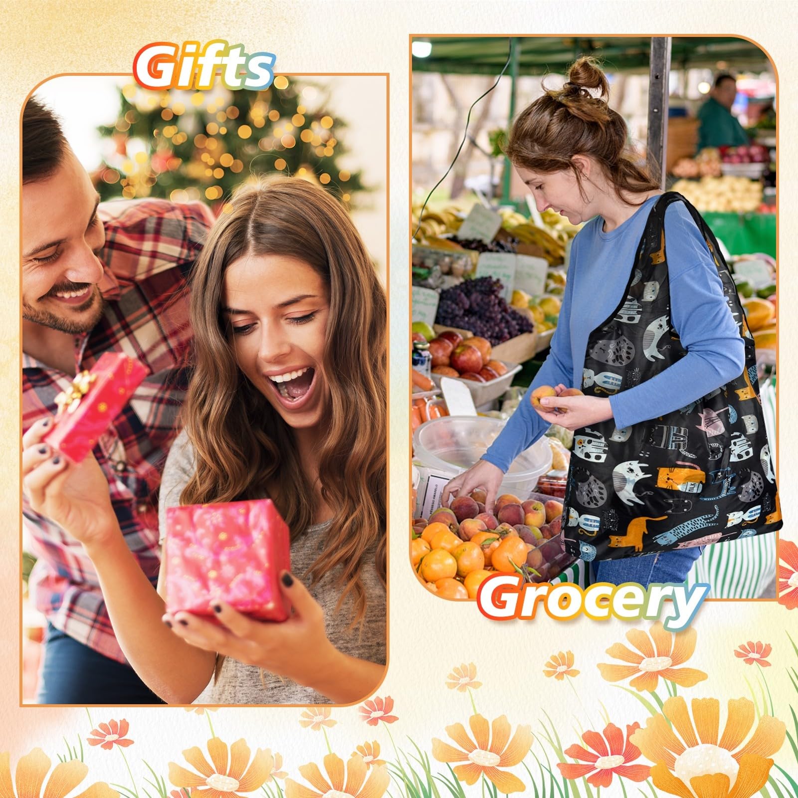 FEPITO 12 Pack Reusable Grocery Bags Shopping Bags 50LBS Foldable Fashion Bags Waterproof Nylon Reusable Grocery Bags