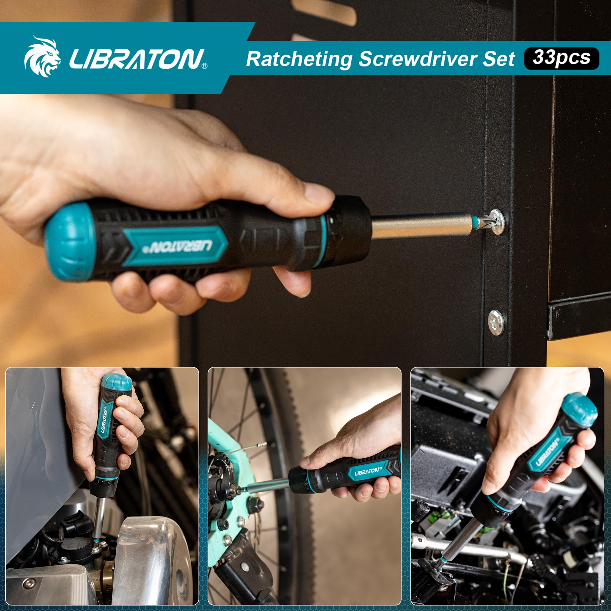LIBRATON Ratcheting Screwdriver Set, Multi-bit Screwdriver Tool, 33-in-1 Magnetic Ratchet Screw Driver, Slotted/Philips/Pozi/Torx/Hex/Square Bits, Ergonomic Handle for Home, Auto & DIY