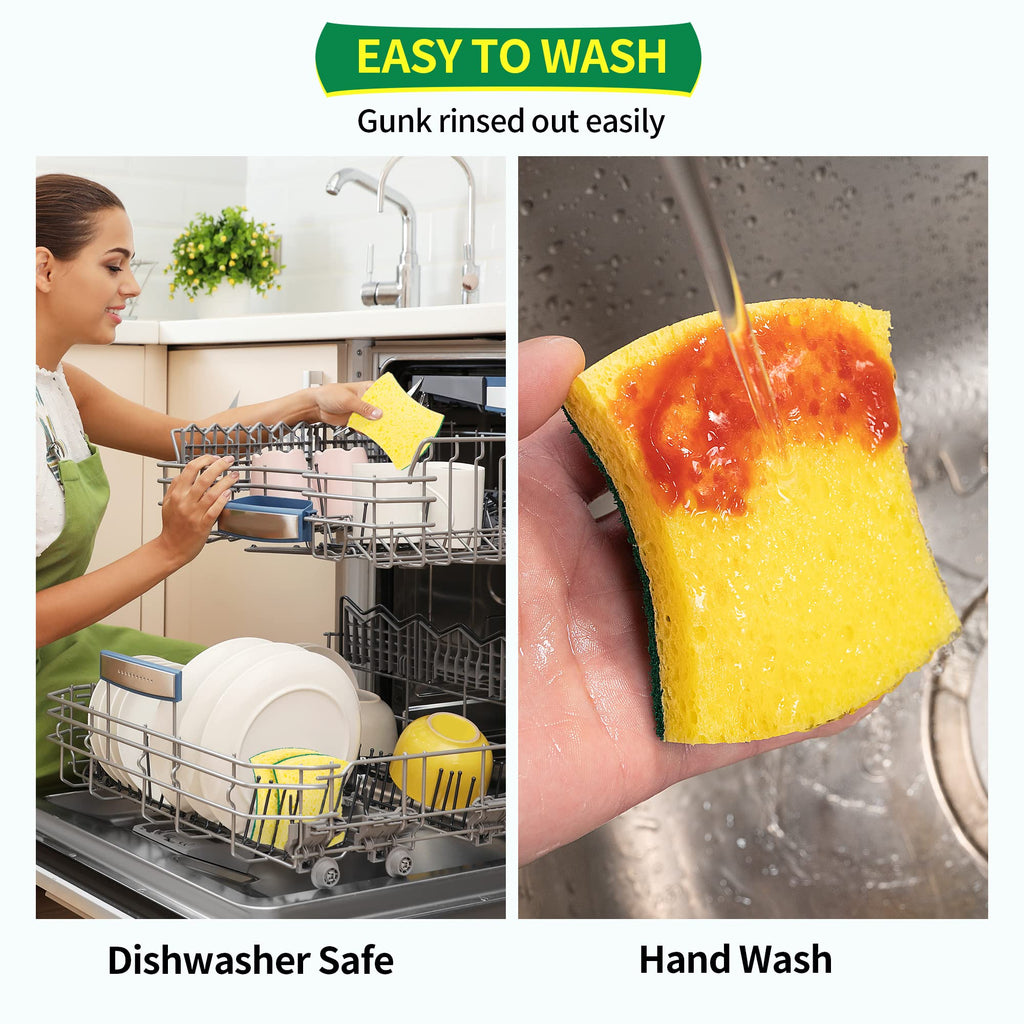 HOMERHYME Heavy Duty Cellulose Scrub Sponges 24 Pack, Kitchen Sponge with Double-Side & Ergonomic Design. Durable Sponge for Dishes, Uncoated Cookware, Sink, and Countertops.