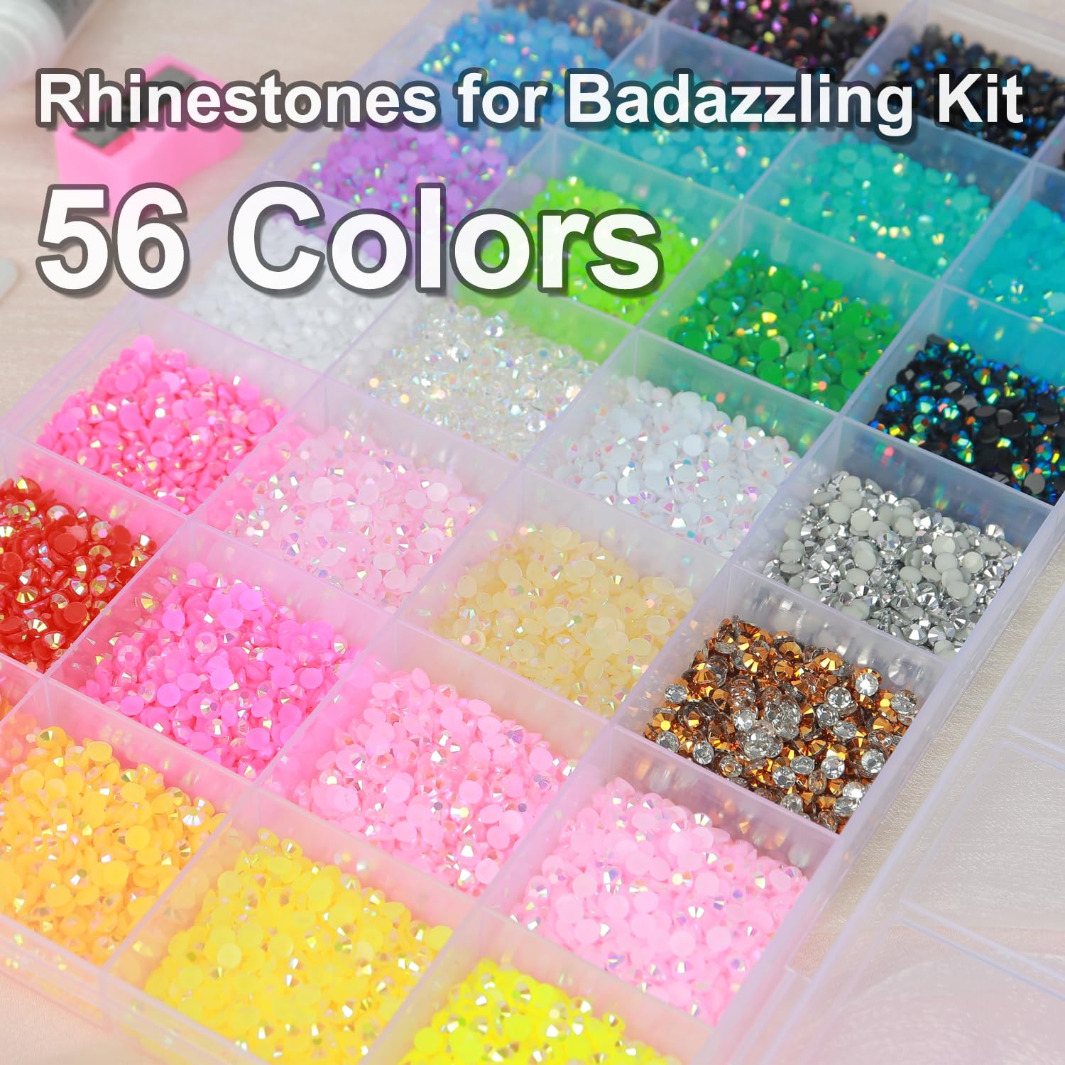 56 Colors Rhinestones for Bedazzling Kit, 2 Boxes 3mm Resin Jelly Flatback Gems with 3Pcs 10ml B7000 Glue, Multicolor Rhinestone Bedazzle Set for DIY Crafts, Clothing, Shoes, Nails Decoration