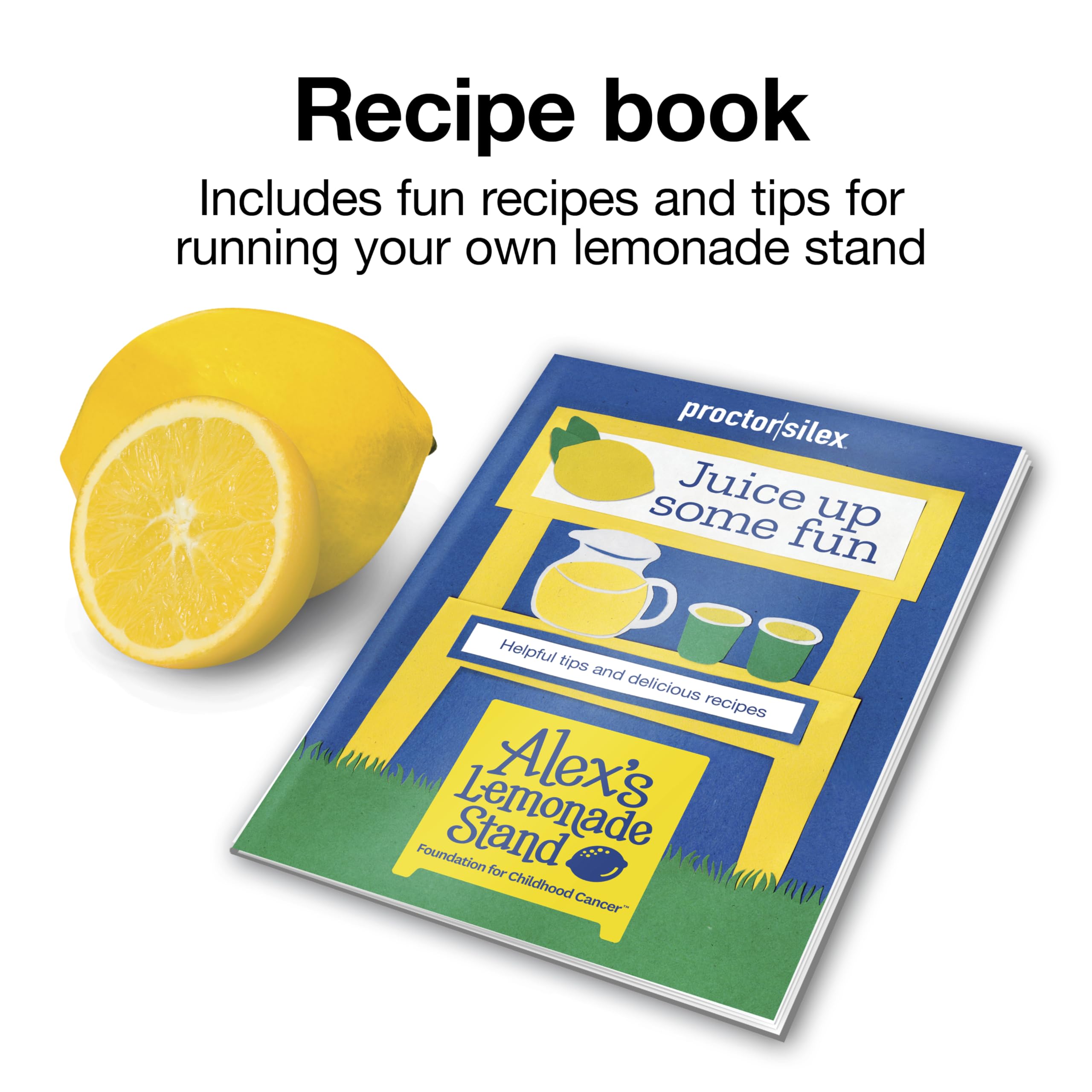 Proctor Silex Alex's Lemonade Stand Electric Citrus Juicer Machine, 34 oz. Pitcher, Pressure Activated, for Lemons, Limes and Oranges, With Reamers, pulp strainer& Lid, 30 Watts, Yellow (66341)