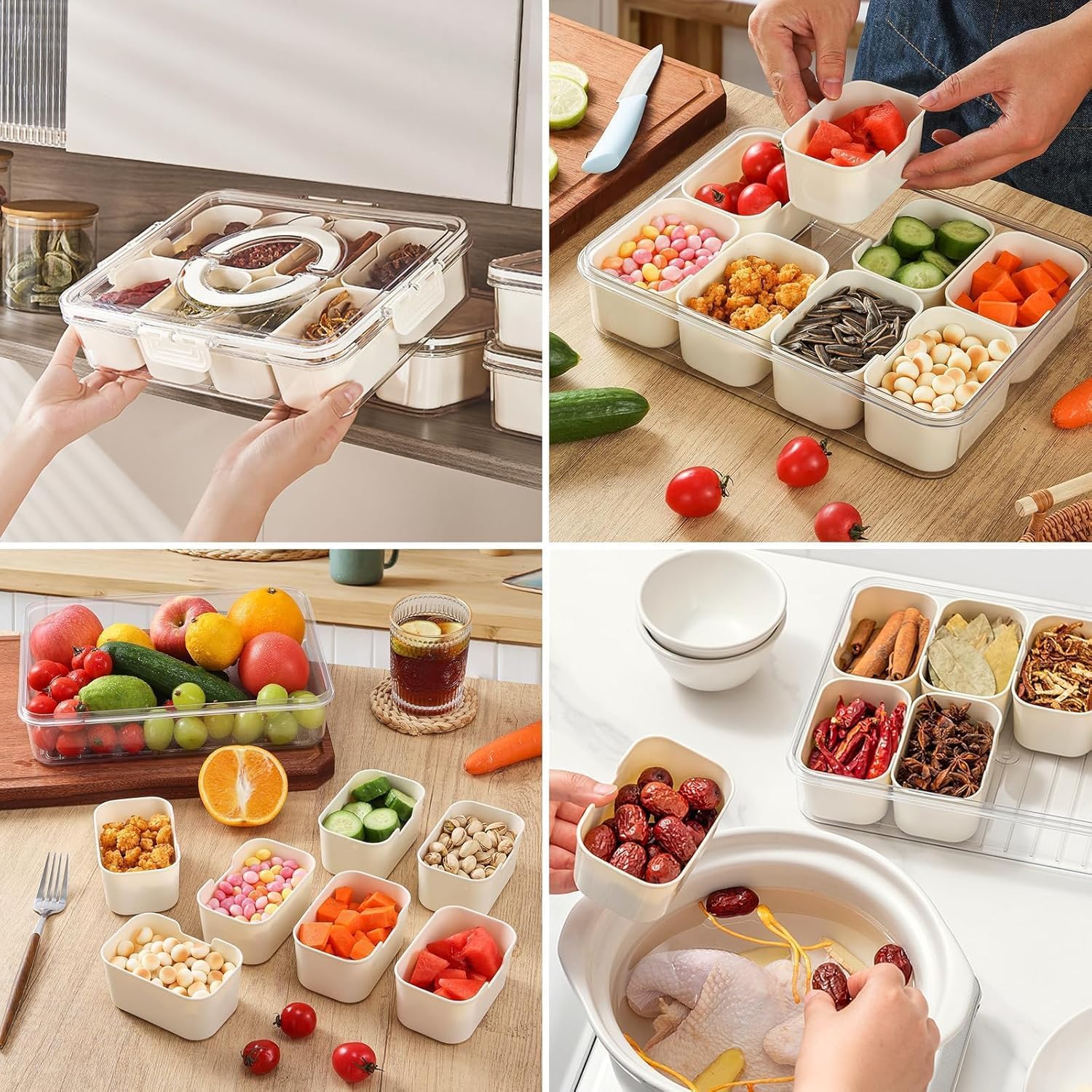 KIGITIONE Divided Snackle Box, 8 Compartments Portable Serving Tray with Lid and Handle, Clear Snack Platter Organizer for Fruits, Snacks, Nuts, Candy, Ideal for Party, Travel & Picnics