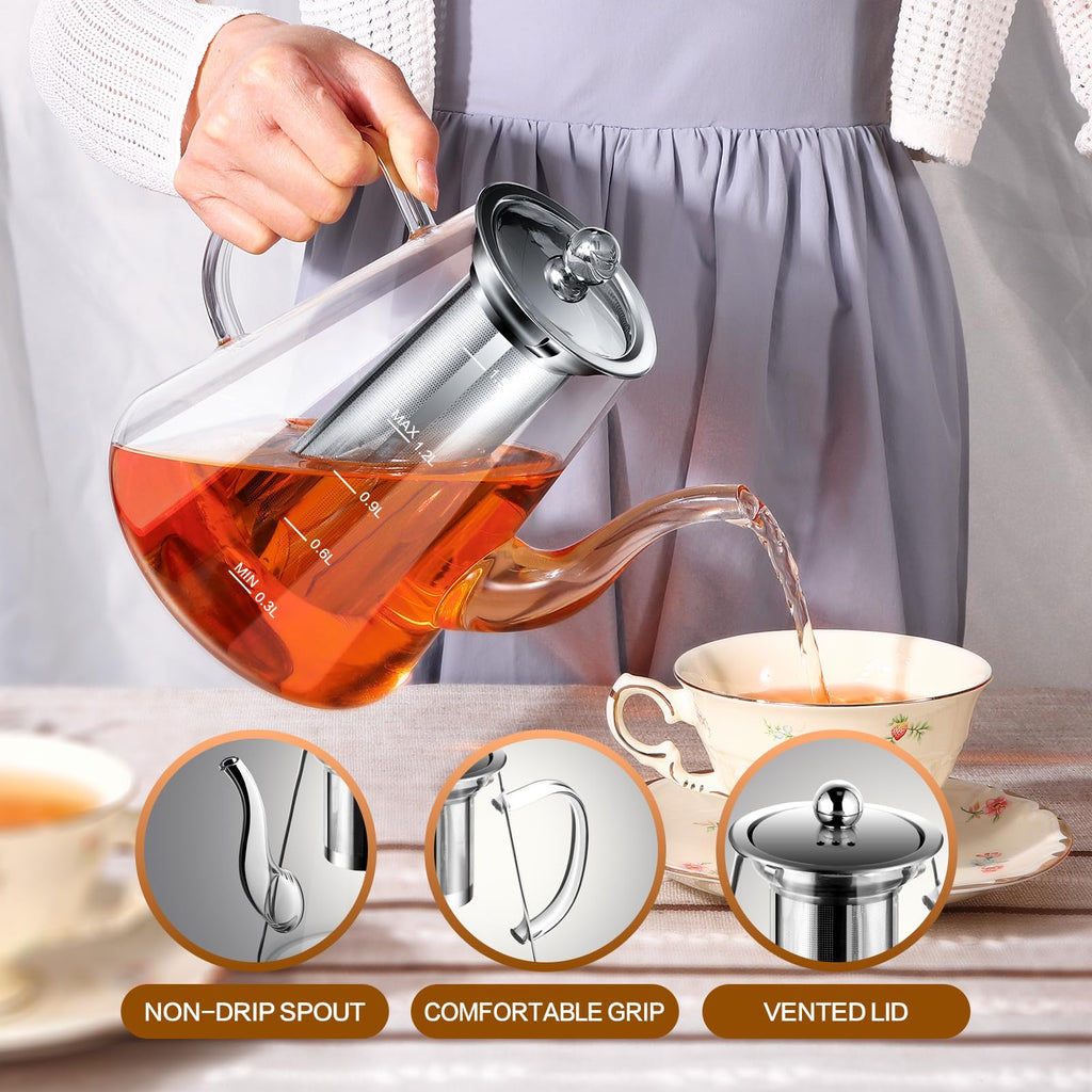 Zpose 1500ml Glass Teapot, Large Capacity Tea Pot with Removable Infuser, Borosilicate Glass, Transparent, Ideal for Loose Leaf Tea and Blooming Tea, Gift Box for Tea Lovers