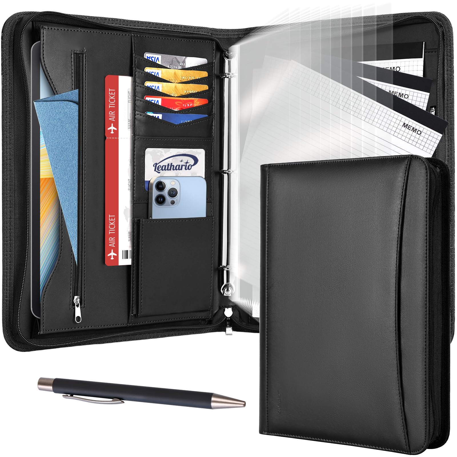 Leathario Portfolio, Vegan Leather 3-Ring Binder with Zipper, A4 Padfolio, Includes 10 Sheet Protectors and 3 Notepads, Multi-Pocket Document Holder for Tablets, Files, Notepads, Office Supplies