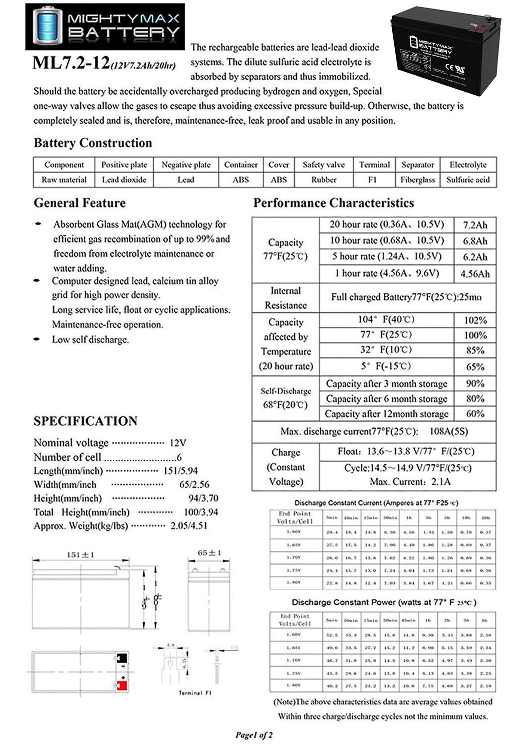 ML7-12 - 12 Volt 7.2 AH SLA Battery - Mighty Max Battery Brand Product, Black