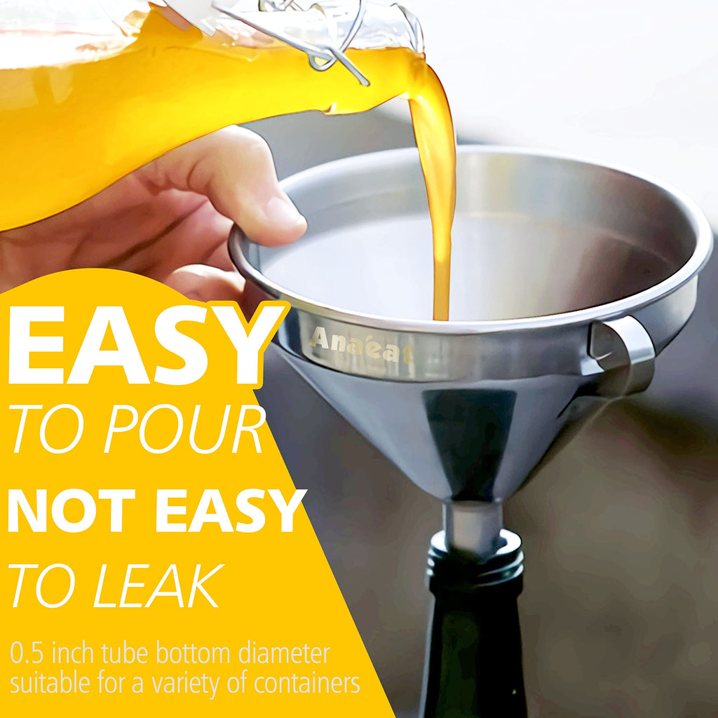 Anaeat 3 Pack Stainless Steel Kitchen Funnel Set, Multi-Use Premium Metal Food-Grade Cooking Funnels with 2 Removable Strainer Filter for Liquid or Dry Ingredients, Oils, Spices & Cleaning Brush