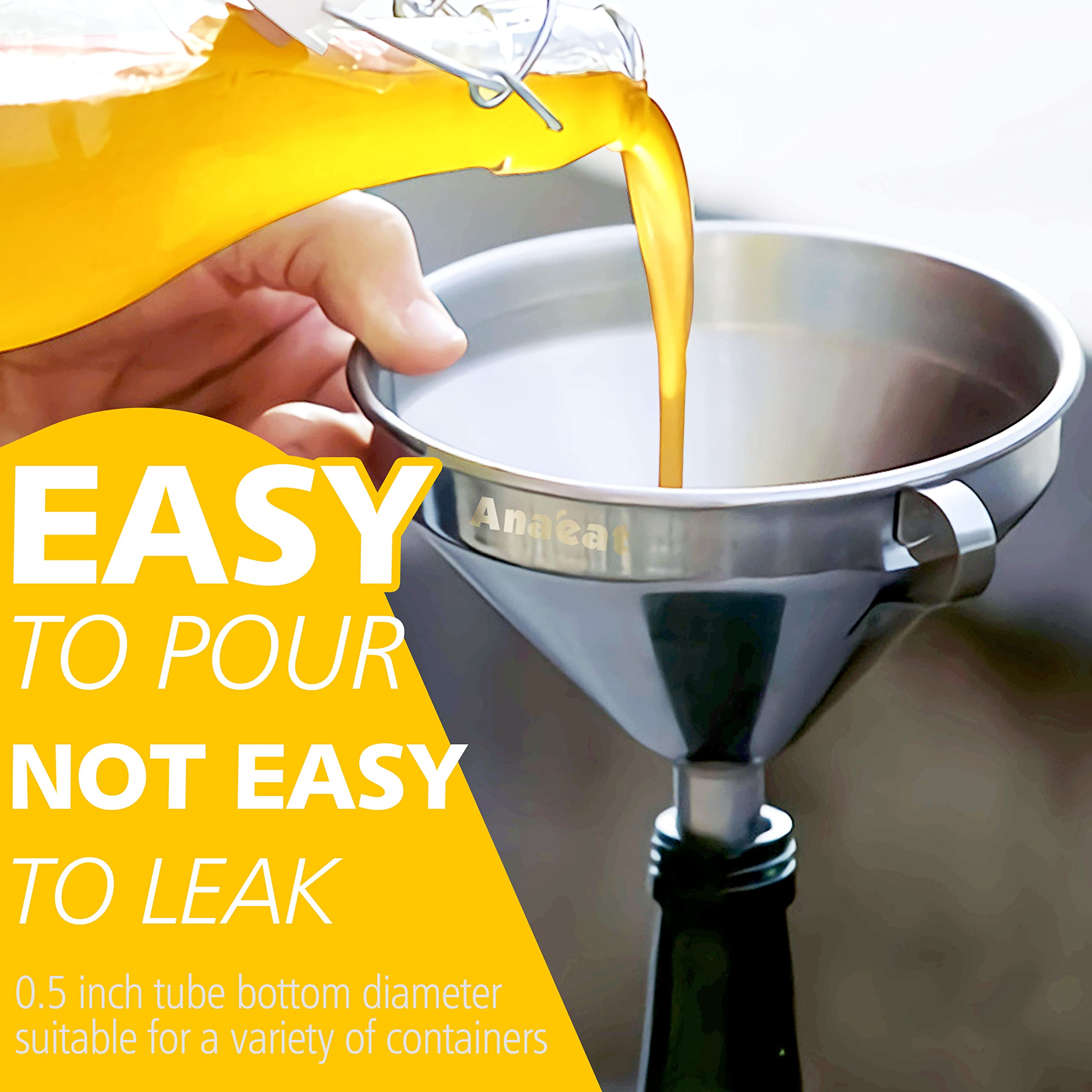 Anaeat 3 Pack Stainless Steel Kitchen Funnel Set, Multi-Use Premium Metal Food-Grade Cooking Funnels with 2 Removable Strainer Filter for Liquid or Dry Ingredients, Oils, Spices & Cleaning Brush