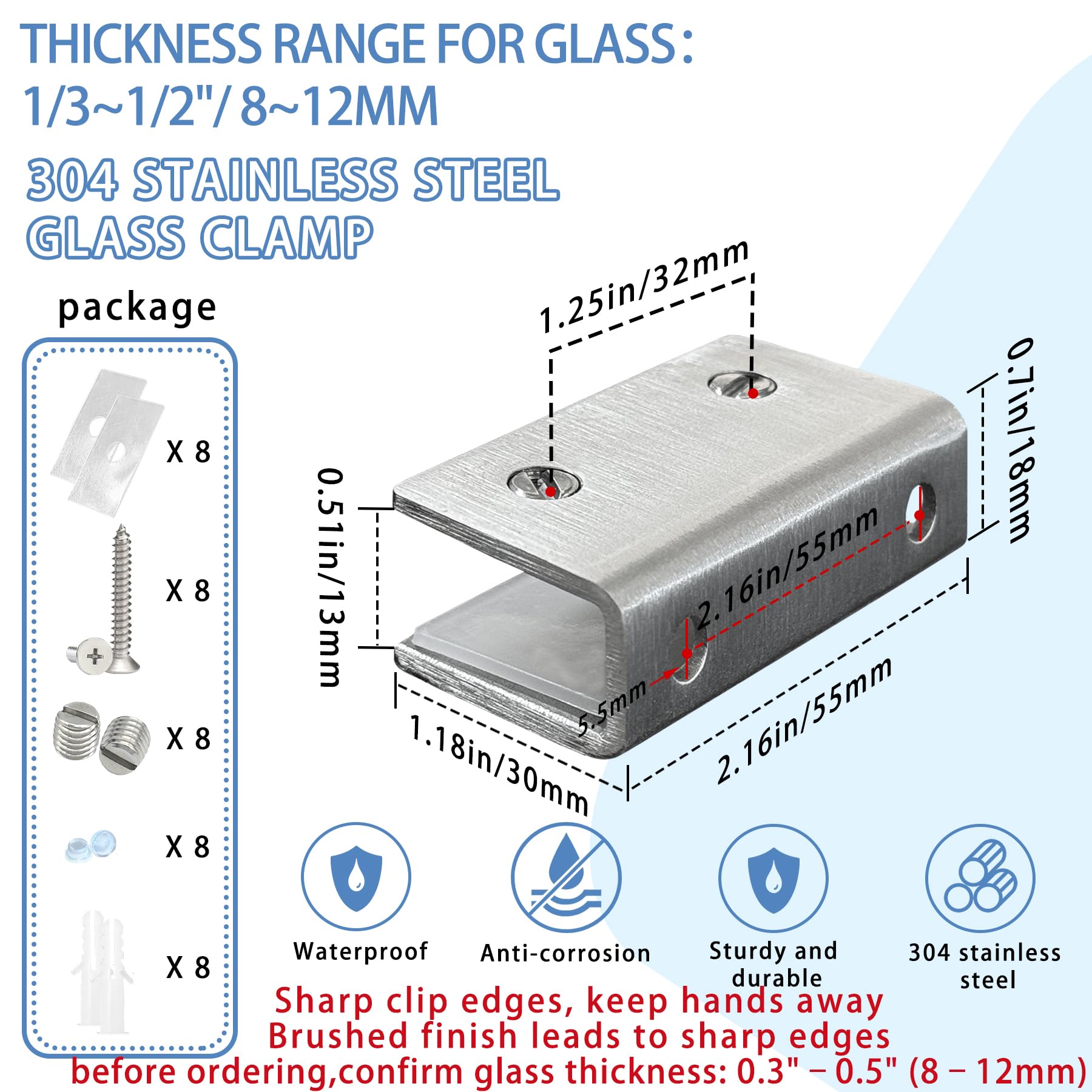 4Pcs Stainless Steel Glass Shelf Clip Clamp Bracket Support Adjustable 304 Stainless Steel Brushed Finish Glass Clip Shelf Brackets Holder Support 0.3" to 0.5"/ 8 to 12mm Thick