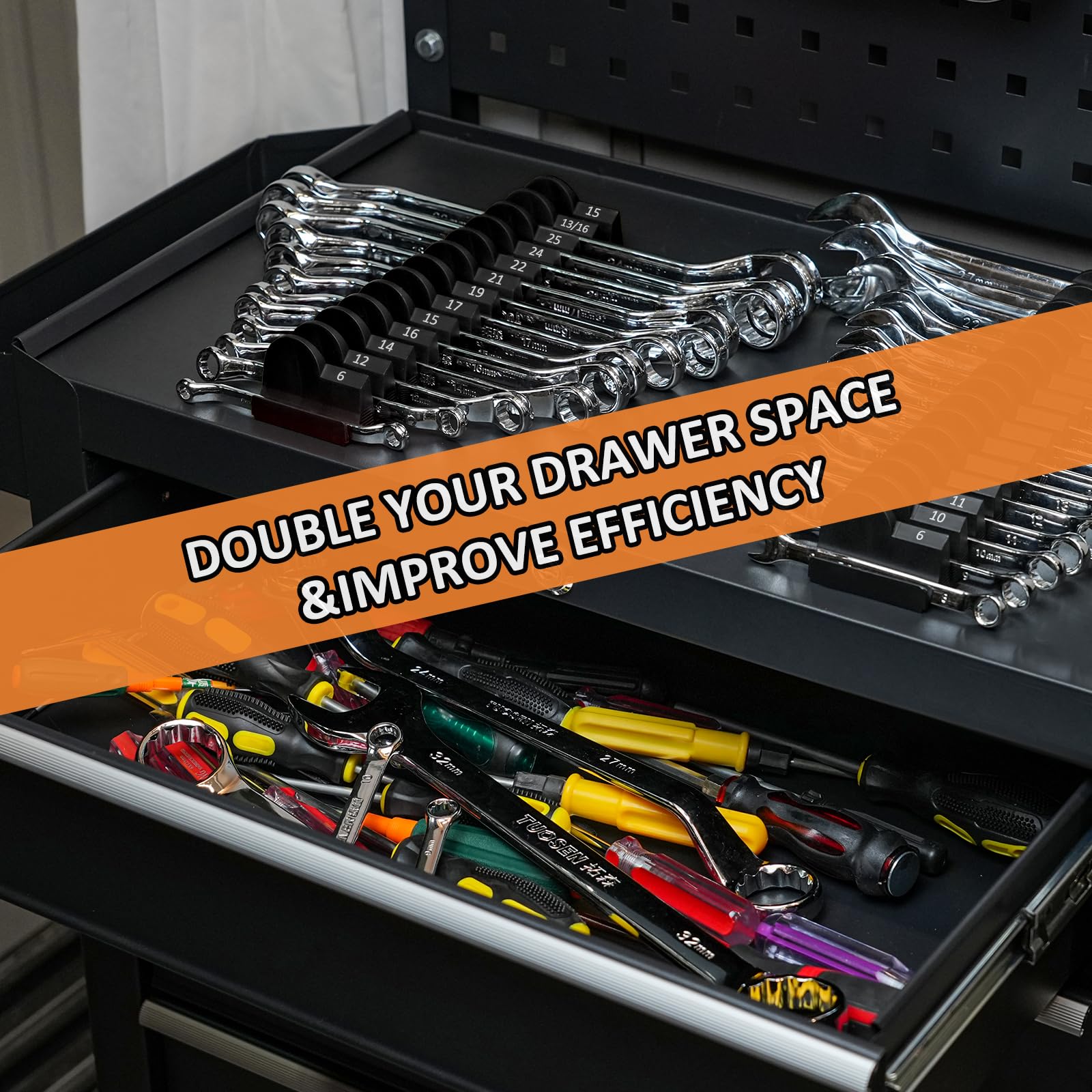 52 pcs Modular Wrench Organizers for Tool Drawers - Wrench Rack with Metric&SAE Labels, Perfect Tool Storage Holder. Gift for Father and Boyfriend (Black)