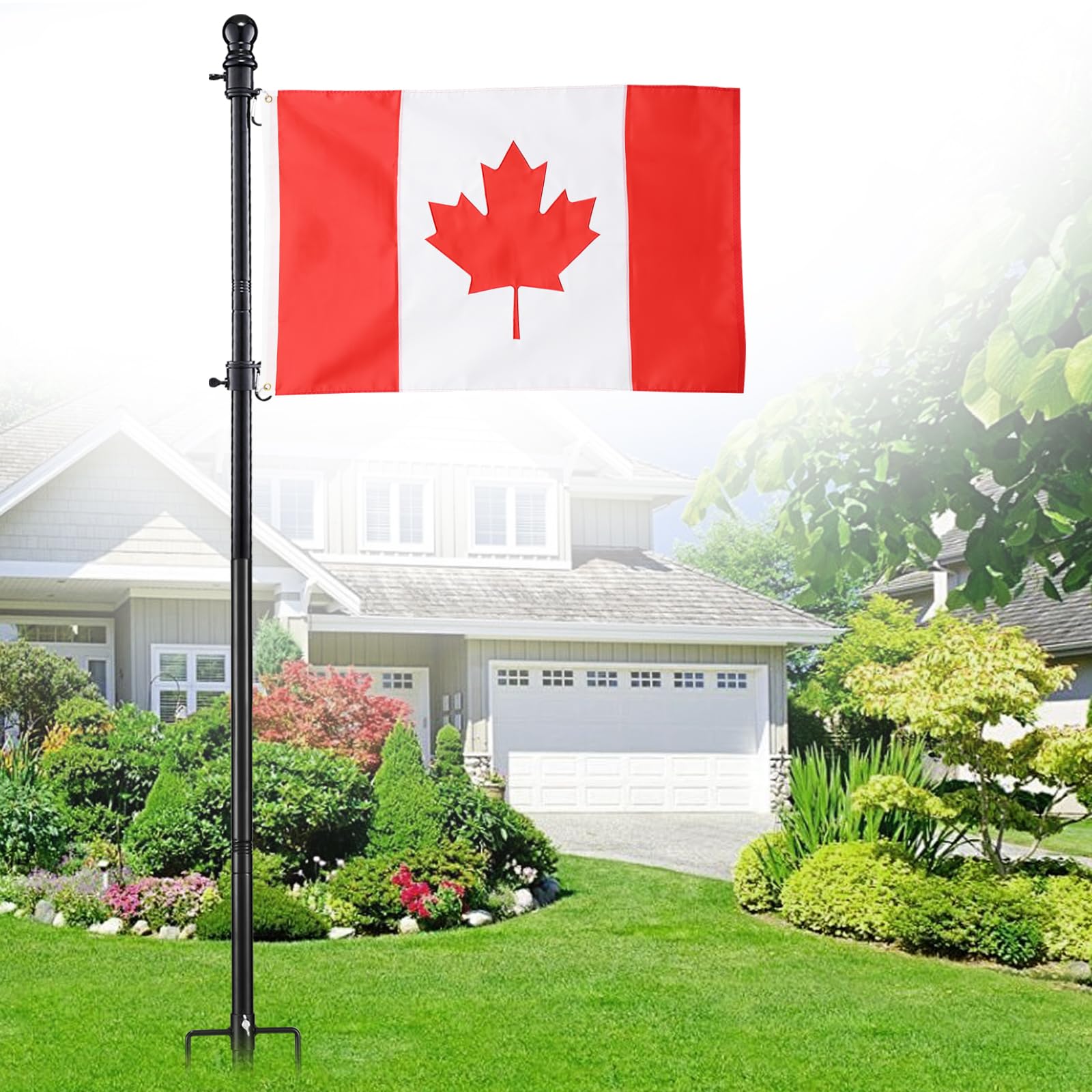 Ground Flag Poles for Outside House inground, 80 inch Black Heavy Duty Flag Pole Kit with 3x5ft Canada Flag, 2 Pronges Base and Tangle Free Flagpole Rings for Outdoor