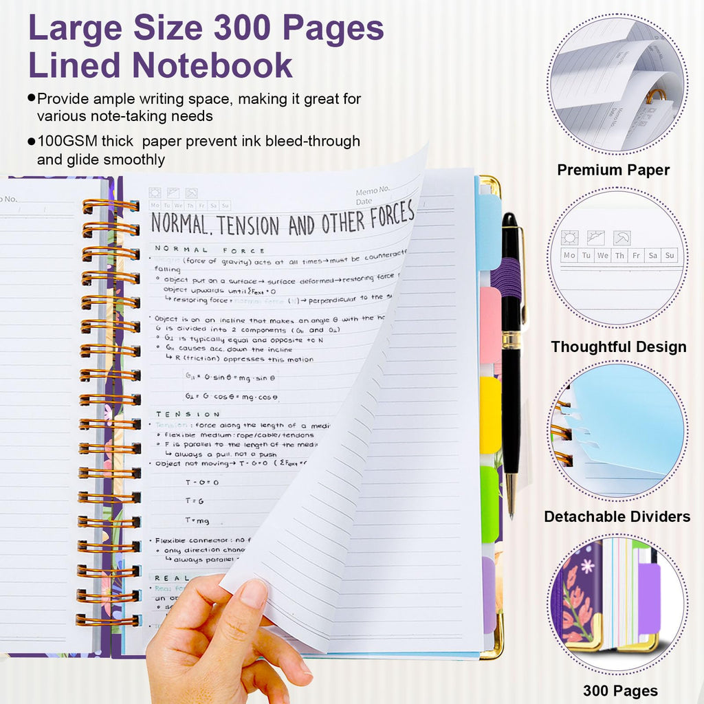 Spiral Journal Notebooks for Work, 300 Pages 5 Subject Notebook College Ruled with Dividers & Tabs, Notebook Journal for Women Students Note-Taking and Organizer (Purple Floral, B5(8"x10"))