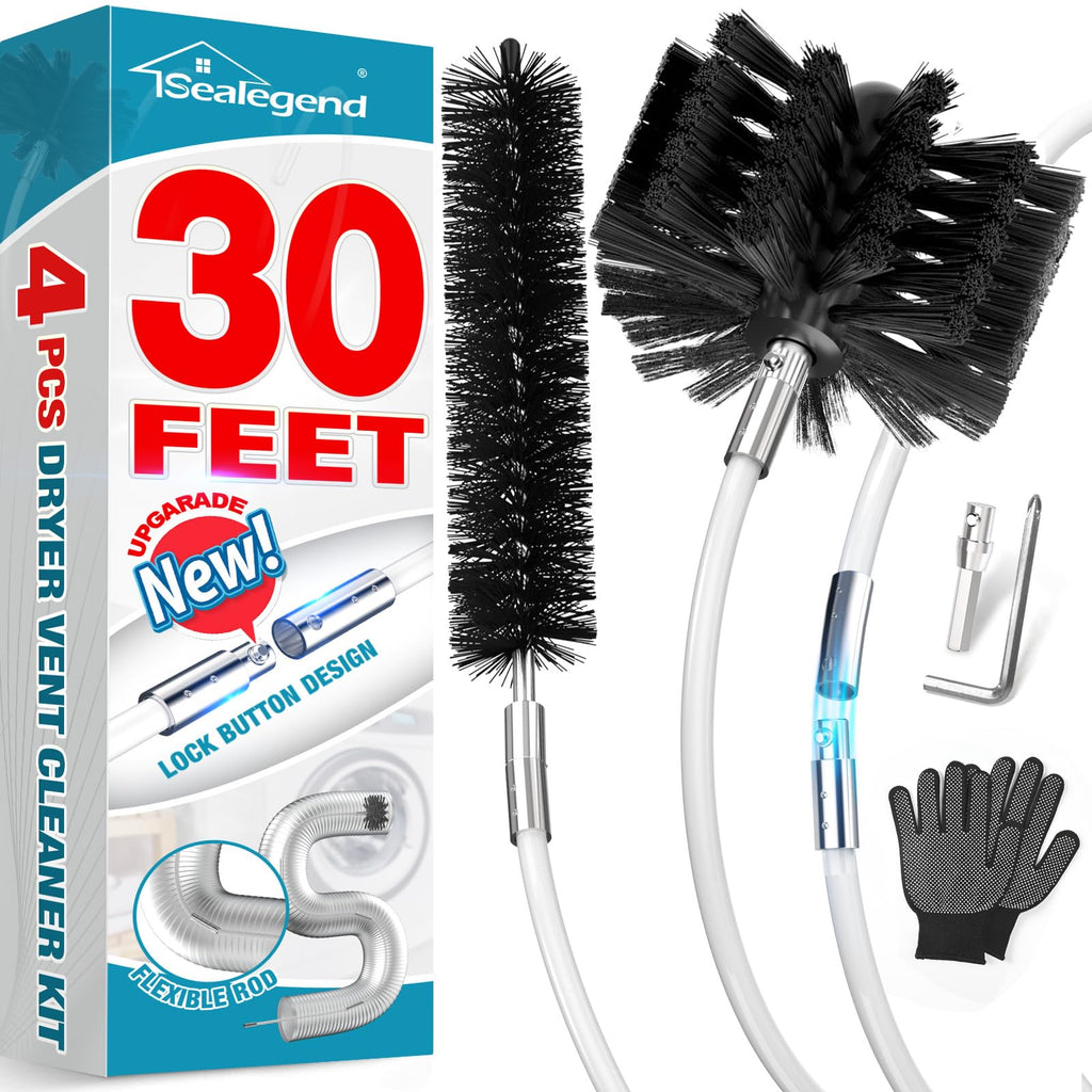 Sealegend 30 Feet Dryer Vent Cleaning Brush, Flexible Lint Brush with Drill Attachment, Upgraded Quick Snap Rods Extends Up to 30 Feet for Faster Cleaning