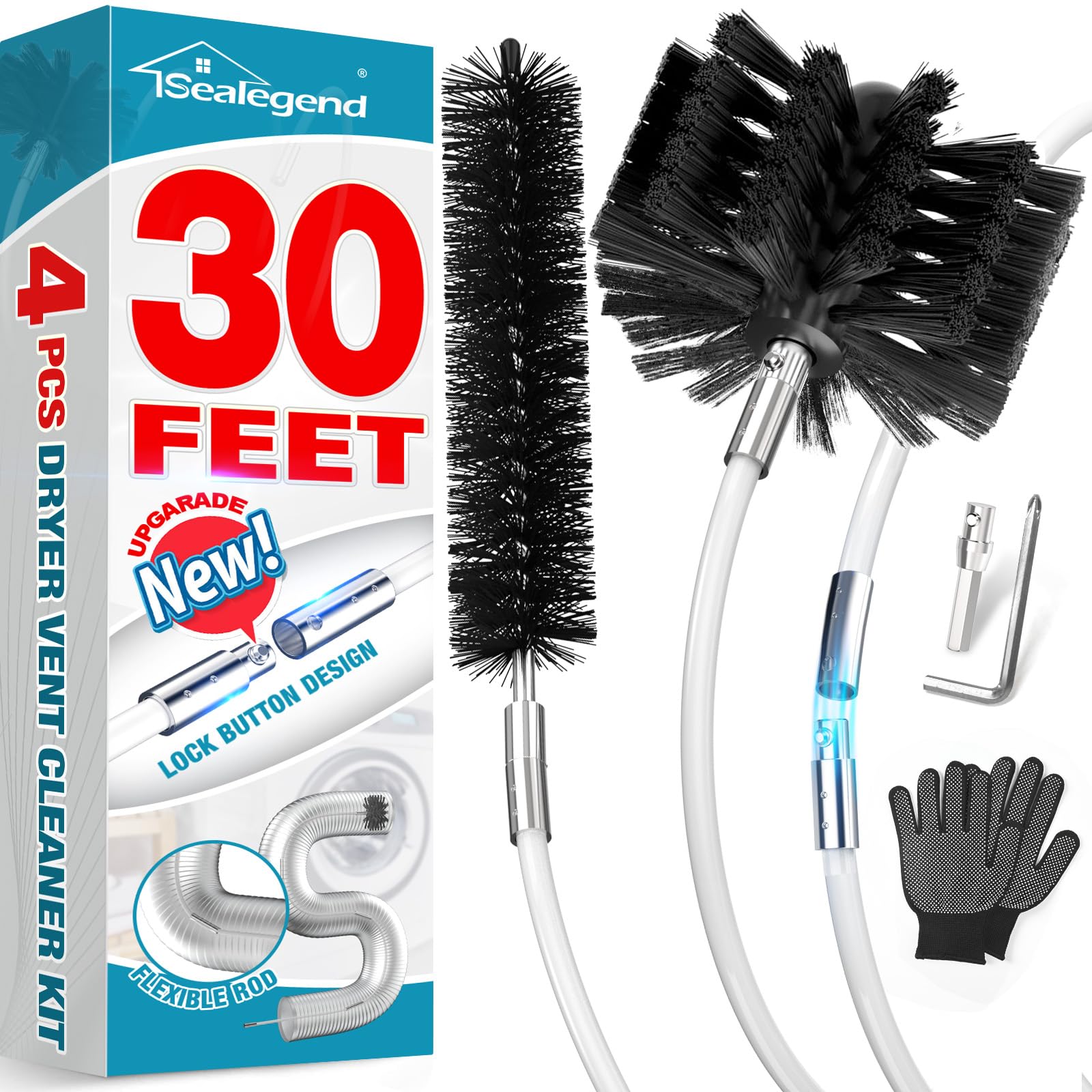 Sealegend 30 Feet Dryer Vent Cleaning Brush, Flexible Lint Brush with Drill Attachment, Upgraded Quick Snap Rods Extends Up to 30 Feet for Faster Cleaning