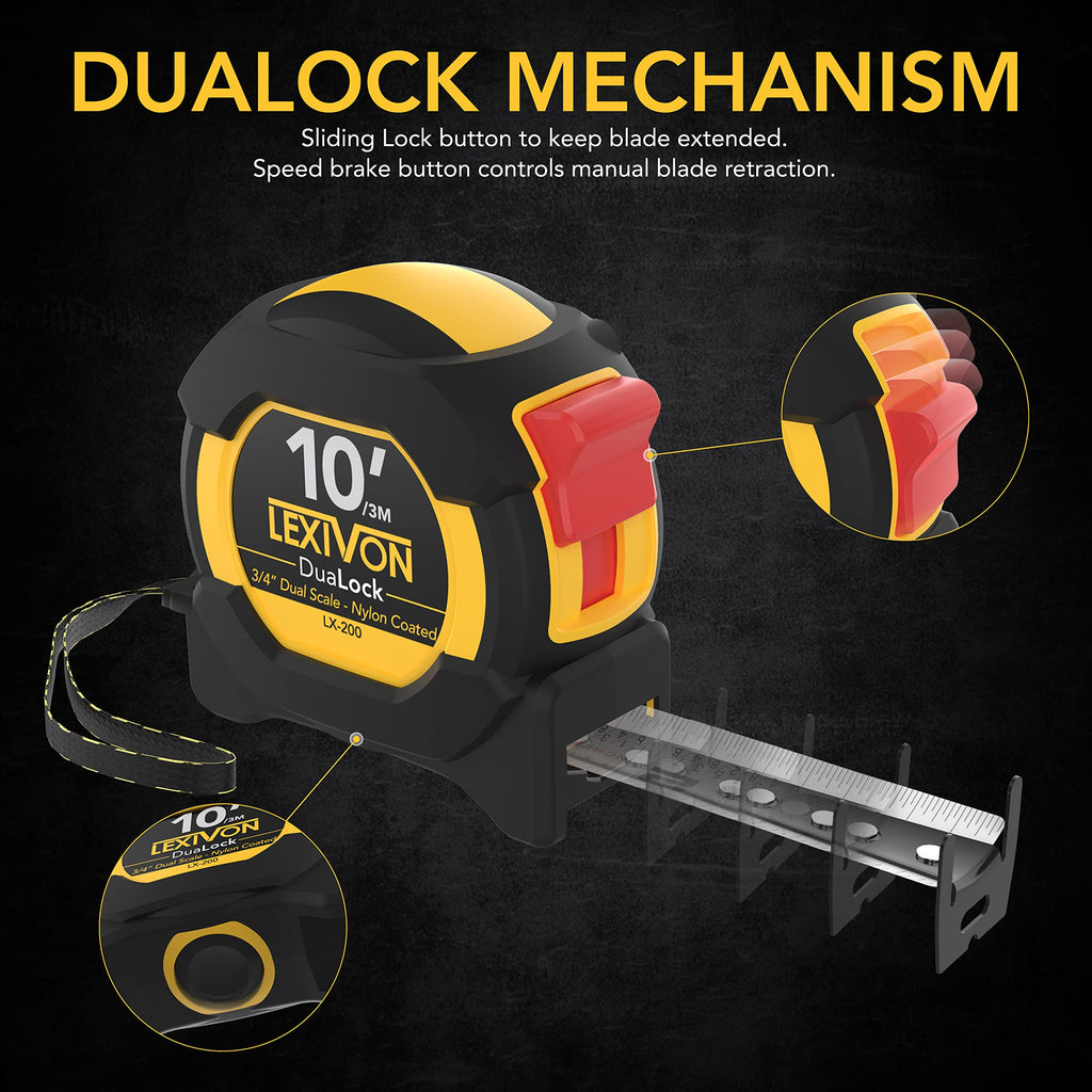 LEXIVON [3-Pack] 10Ft/3m DuaLock Tape Measure | 3/4-Inch Wide Blade with Nylon Coating, Matte Finish White & Yellow Dual Sided Rule Print | Ft/Inch/Fractions/Metric (LX-203)