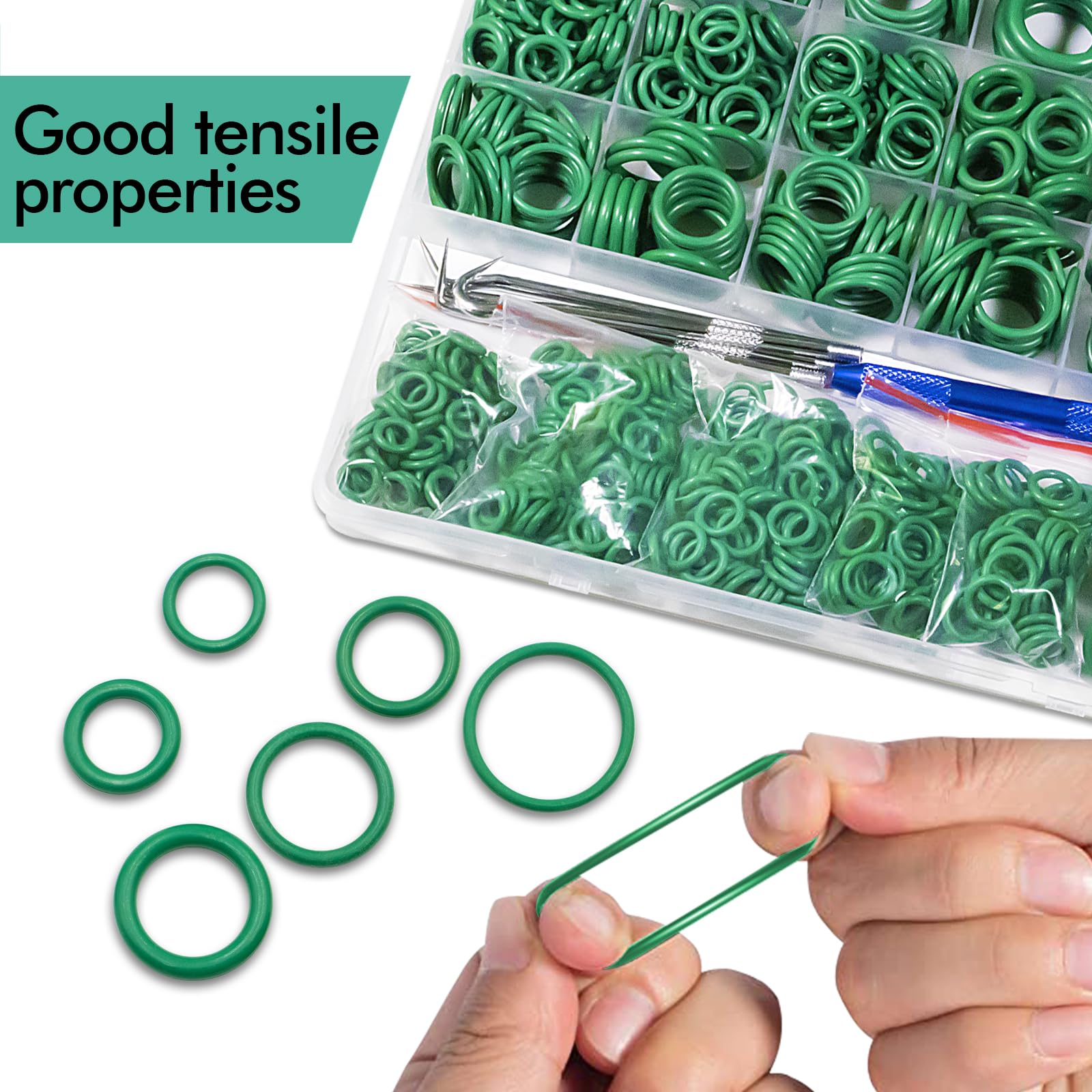 XBVV 595 Pcs Metric and SAE Air Conditioning O-Ring Kit for Automotive A/C, Compressor and Professional Faucet Plumbing Seal Orings Repair with O-Ring Picks,Resist Oil and Heat (Green)