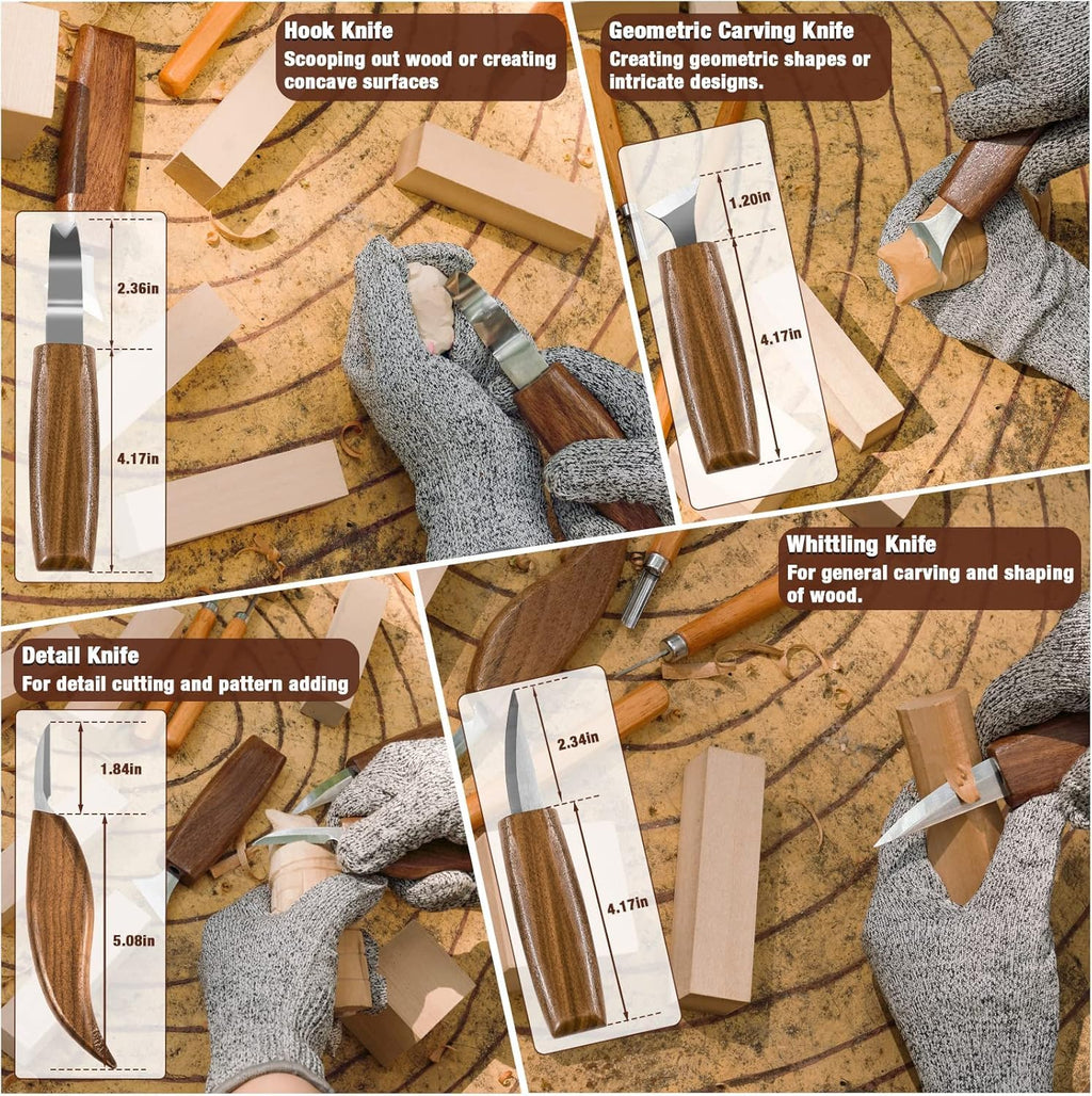 Wood Carving Kit, 23pcs Wood Carving Tool with 4PCS Wood Carving Knives & 5PCS Detail Knives 9 Basswood Blocks & Gloves & Roll Bag & Strop Block & Polishing Compound Whittling Kit Hobbies for Adults