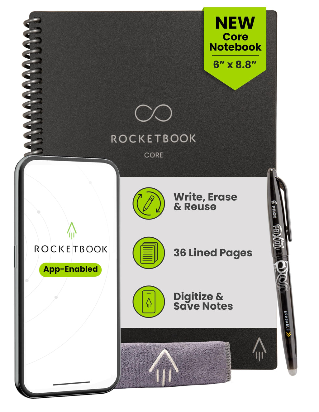 Rocketbook New Core Reusable Spiral Notebook, Executive Size 6x8.8, Black - Lined Pages, App-Connected, Erasable, Durable Cover, Ideal for School, Work, and Creative Projects