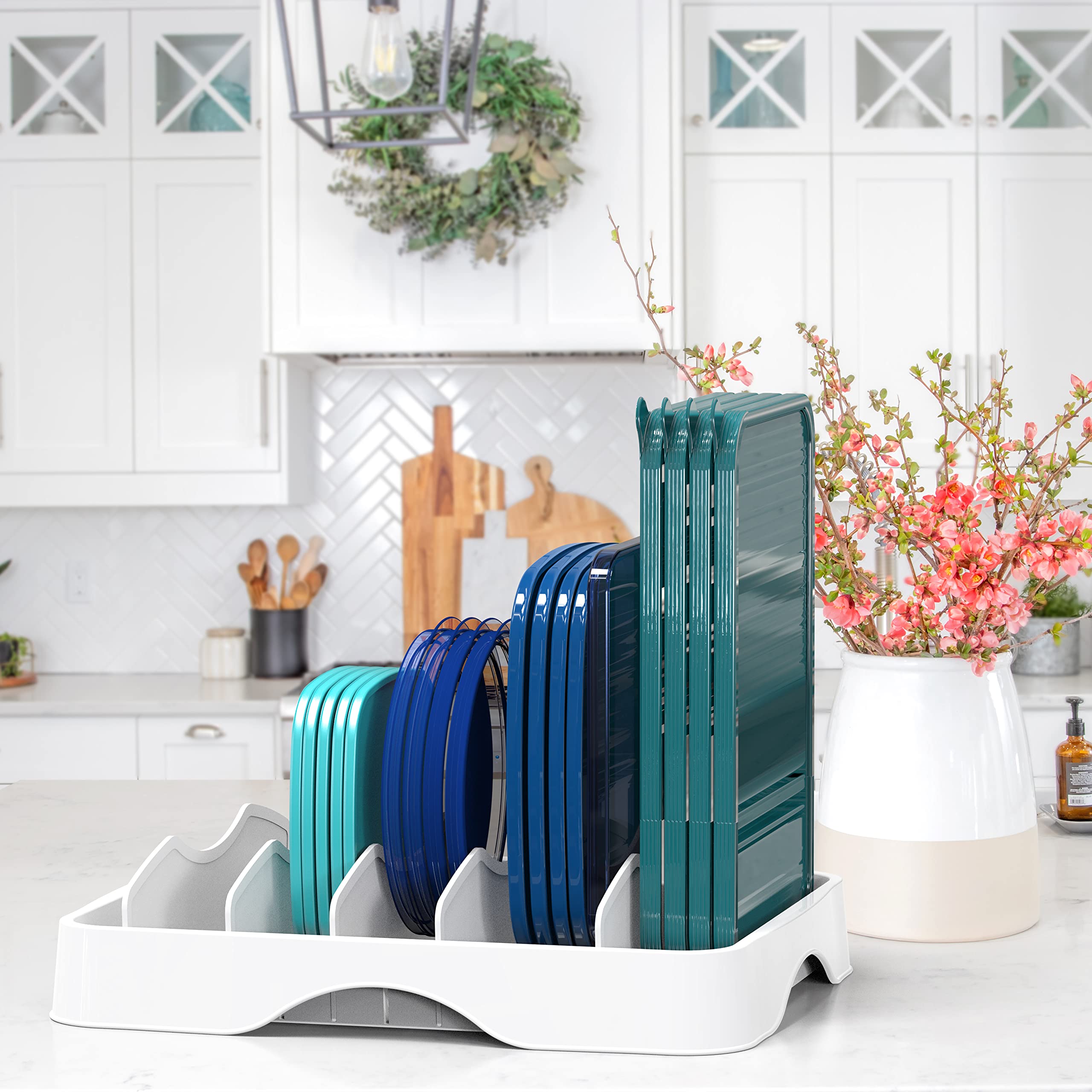 Simple Houseware Food Container Lid Organizer with Adjustable Dividers for Inside Cabinet or Countertop Storage, 13.25" × 10.5", White