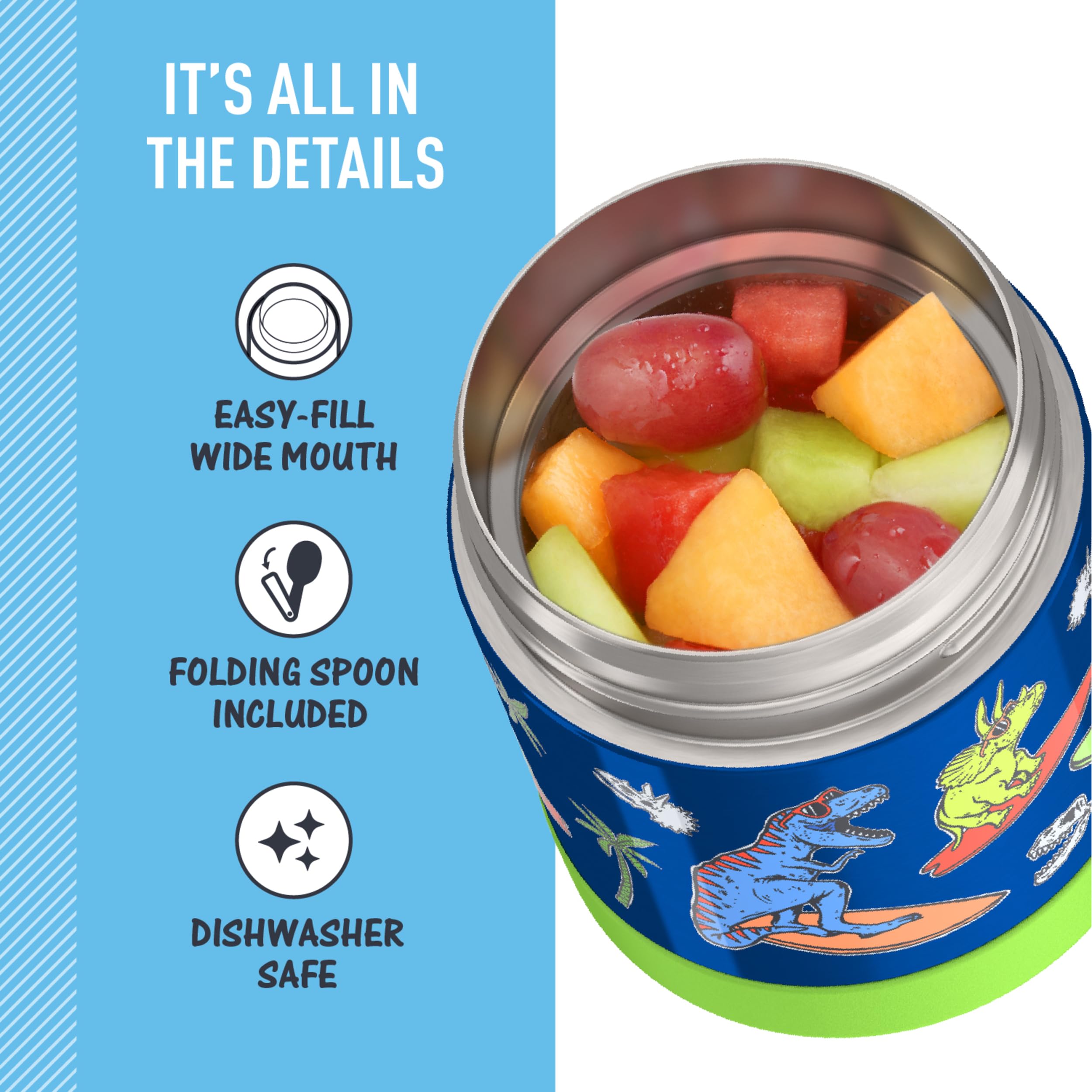 THERMOS FUNTAINER 10 Ounce Stainless Steel Vacuum Insulated Kids Food Jar with Spoon, Daring Dinos