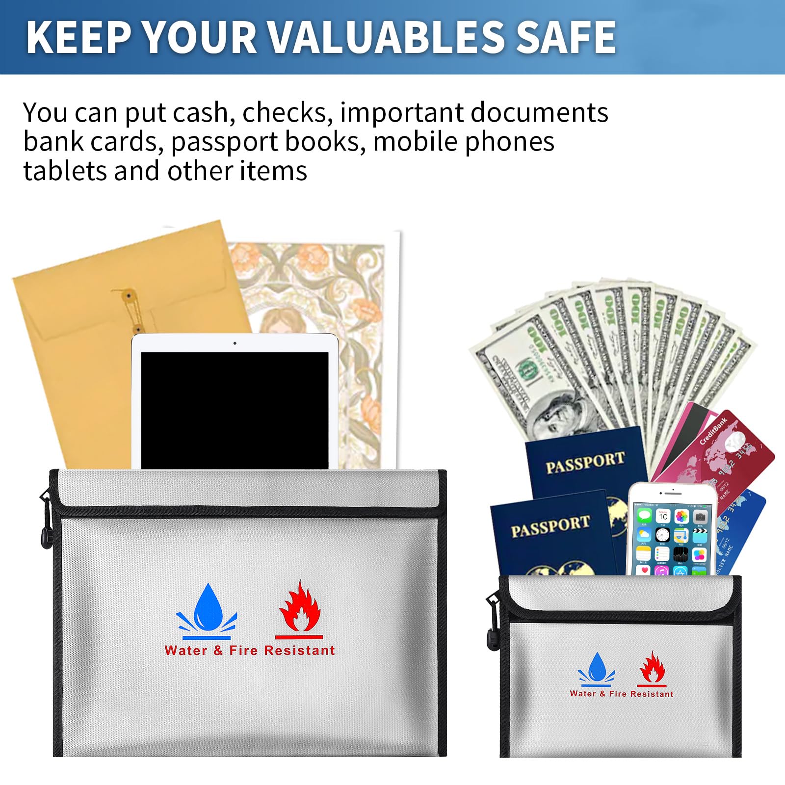 Fireproof Document Bag, Fireproof Money Safe 15 x 11 in & 9 x 7 in Set Non-Itchy Silicone Coated Fire Resistant Bag Fireproof Safe Storage for Money, Documents, Jewelry and Passport