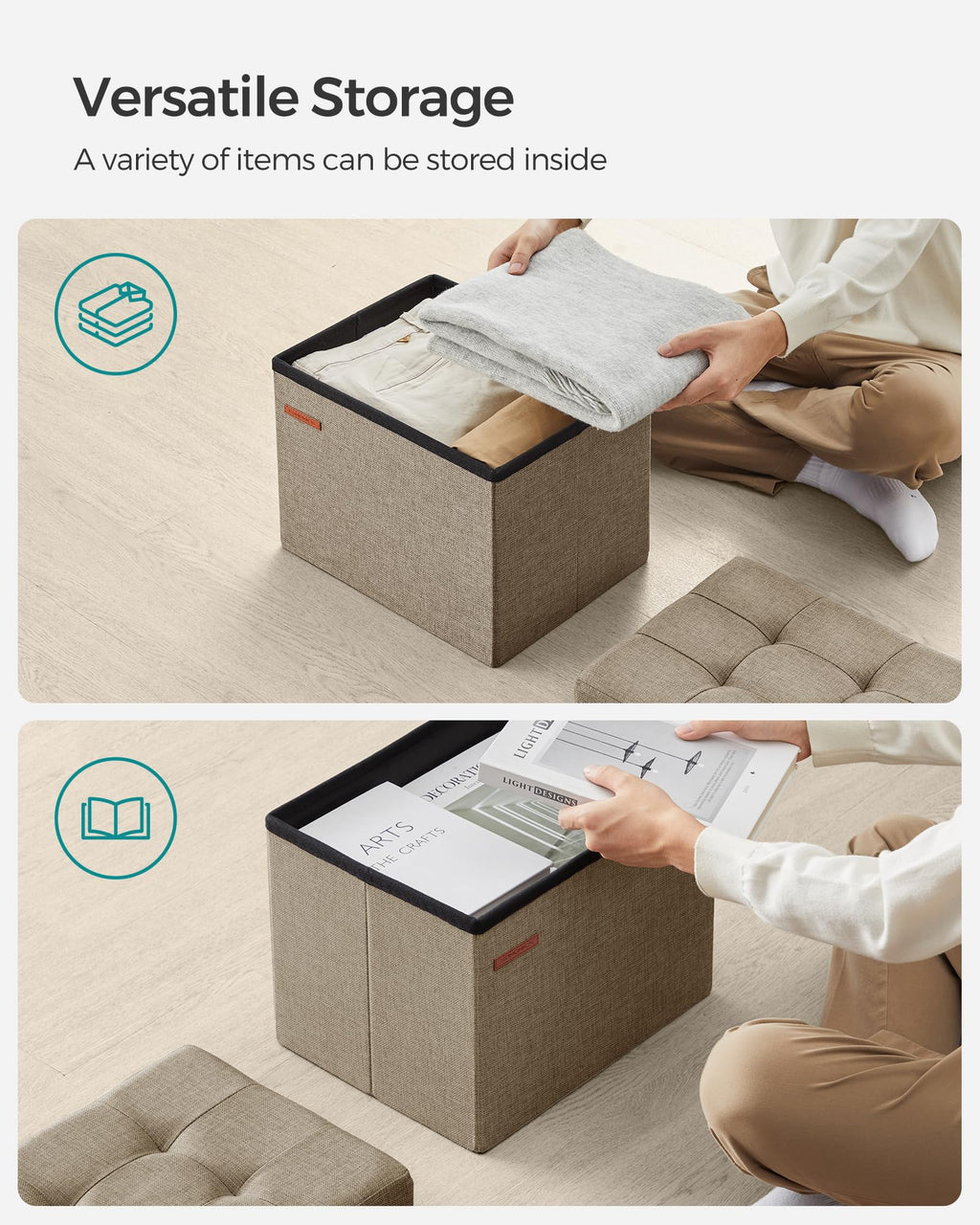 SONGMICS Small Folding Storage Ottoman, Foot Rest Stool, 31 x 41 x 31 cm, 286 kg Load Capacity, for Living Room, Bedroom, Home Office, Dorm, Light Taupe ULSF102K01