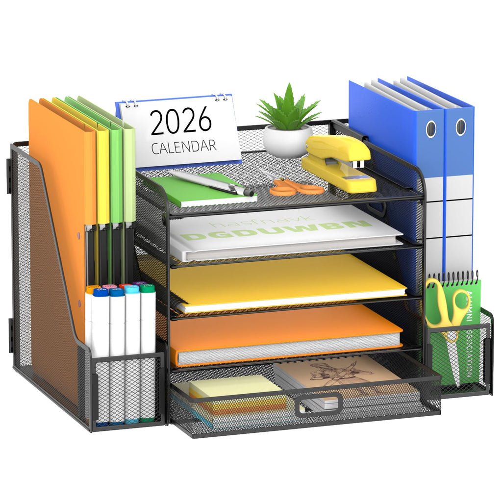 SUPEASY Mesh Desk Organizer with File Holder 5-Tier Paper Letter Tray Organizer with Magazine Holder Desktop Organizer and Storage with Upright Sections for Office Supplies Home or School (Black)